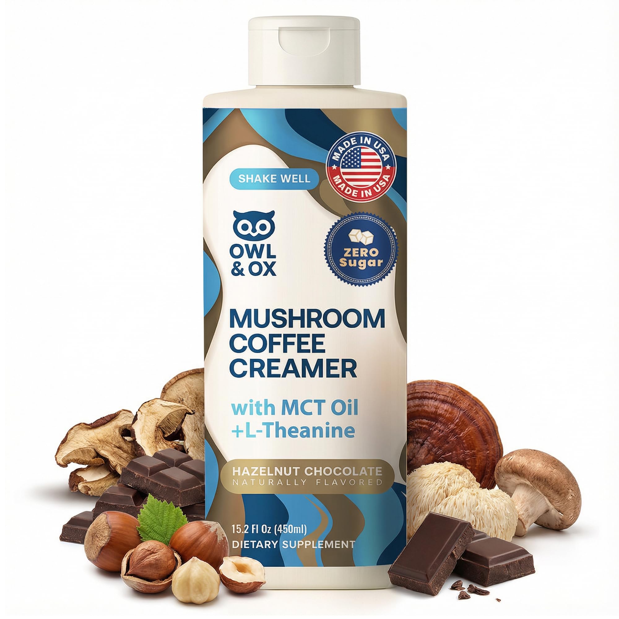 Mushroom Coffee Creamer with MCT Oil by Owl & Ox | L Theanine, Nootropic Superfood Blend, Vegan, Sugar Free, Dairy Free, Adaptogens, Plant Based & Keto Friendly, Hazelnut Chocolate Flavor, 30 Servings