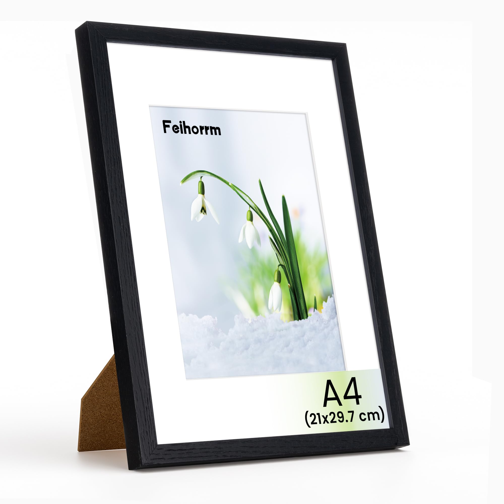 Feihorrm Bilderrahmen, A4 Fotorahmen aus Eiche, Mit gehärtetem Glas, Für 21x29,7 cm-Fotos ohne Passepartout oder 13,9x20 cm-Fotos mit Passepartout (Schwarz, A4 (21x29,7 cm)/ 1x)