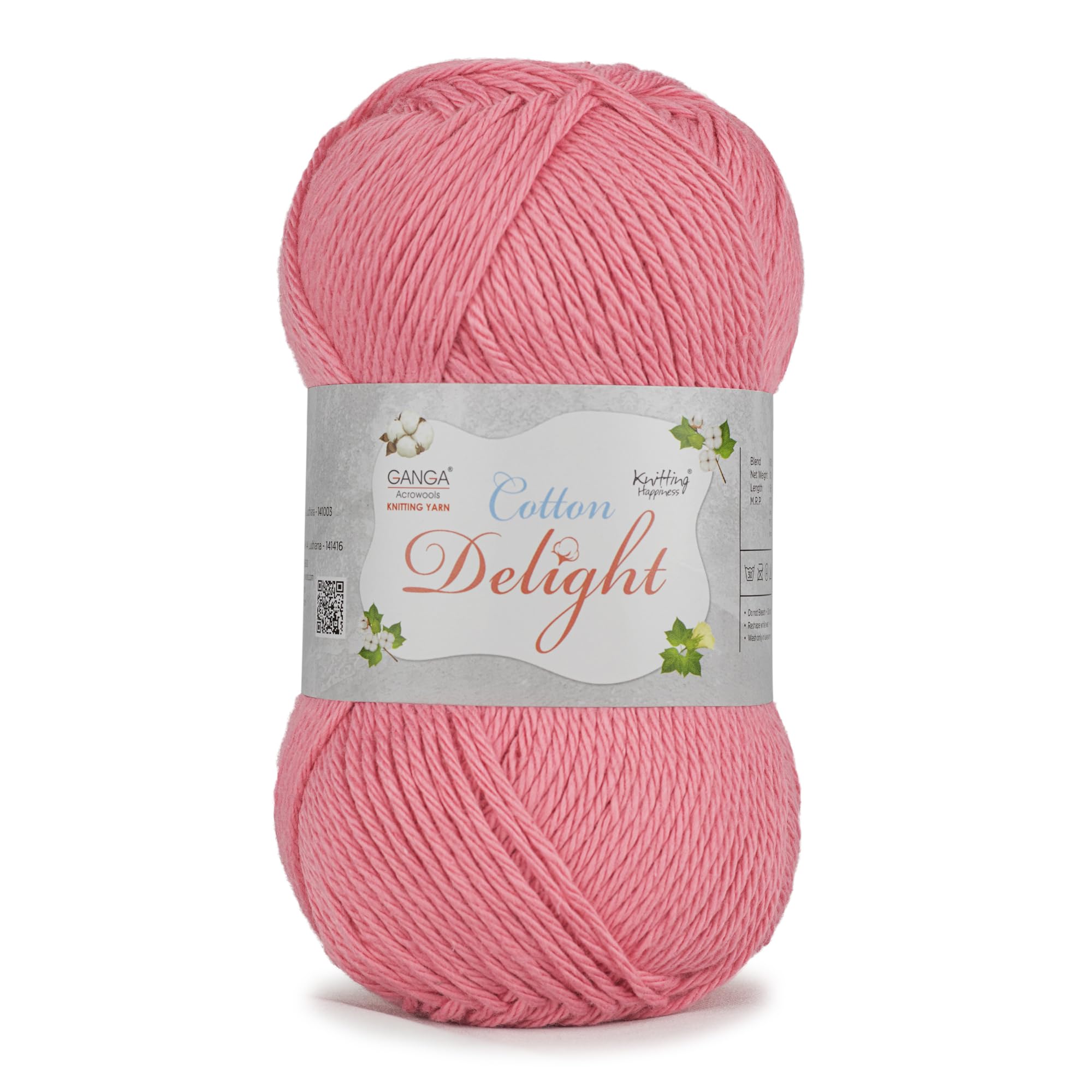 Ganga Acrowools Cotton Delight, Dk Weight Cotton Yarn, Oekotex Class L Certified 100G, 169M COD015 Rose Bud