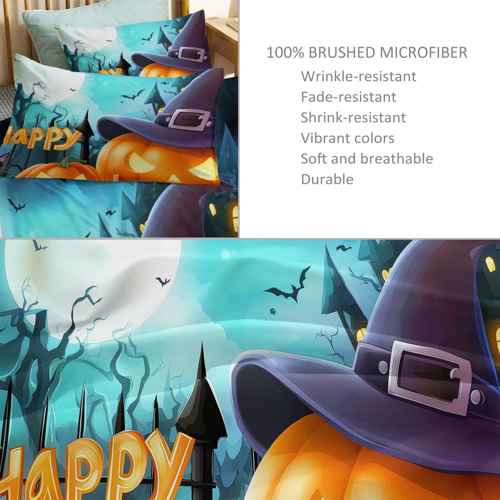 Zestaw kołder motyw Halloween kreskówka dynia, szczotkowana mikrofibra zestaw pościeli z 2 poszewkami na poduszki miękka hipoalergiczna poszewka na kołdrę 260 x 220 cm wielokolorowa, zestaw poszewek