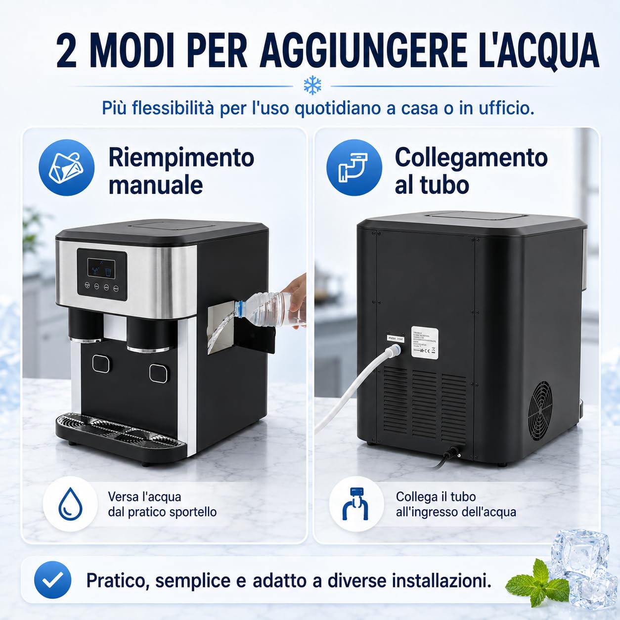 Macchina per il ghiaccio 3 in 1 con tritaghiaccio e acqua fredda, in acciaio inox per la casa, 16 cubetti in 7-9 minuti, robot da cucina compatto