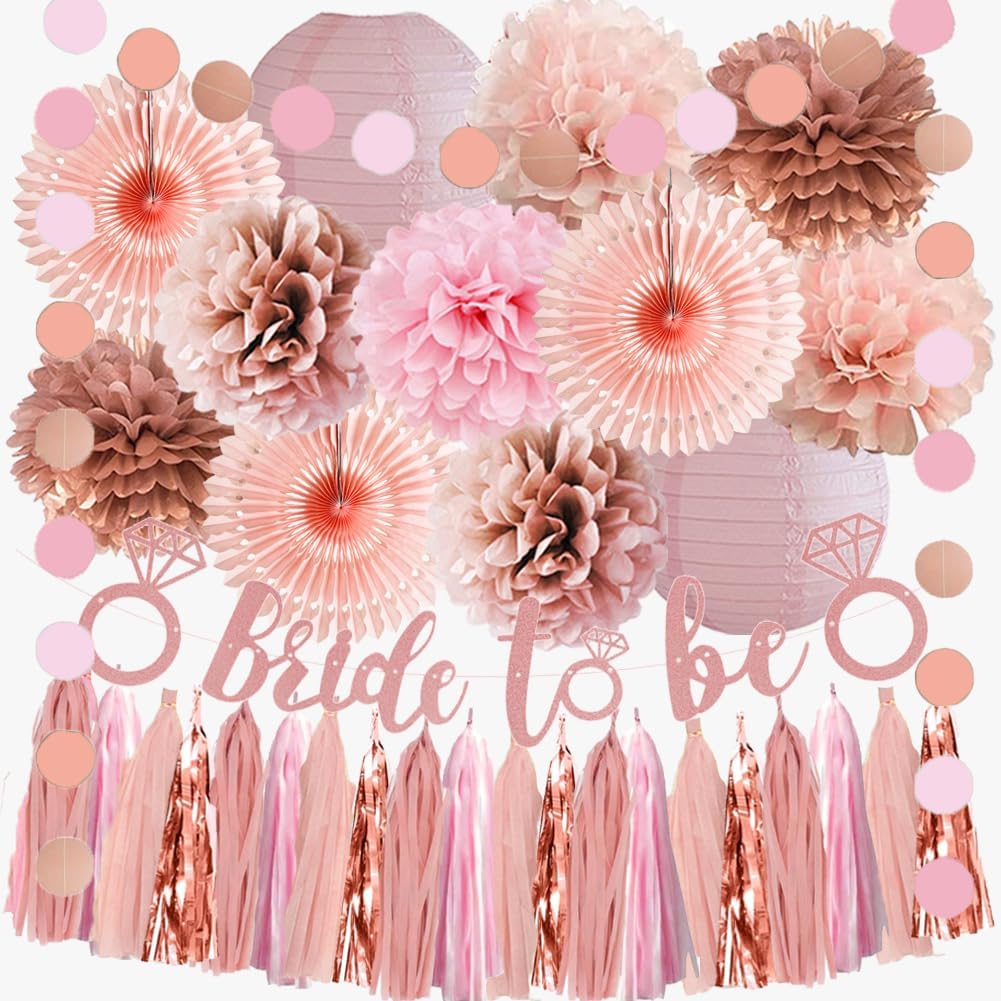 Pink Bachelorette Party Decorations Rose Gold Bride to Be Light Pink Rose Gold Bridal Shower Decorations Dusty Rose Pom Poms Peach Fans Lanterns with Tassel Garland Bride to Be Banner for Wedding