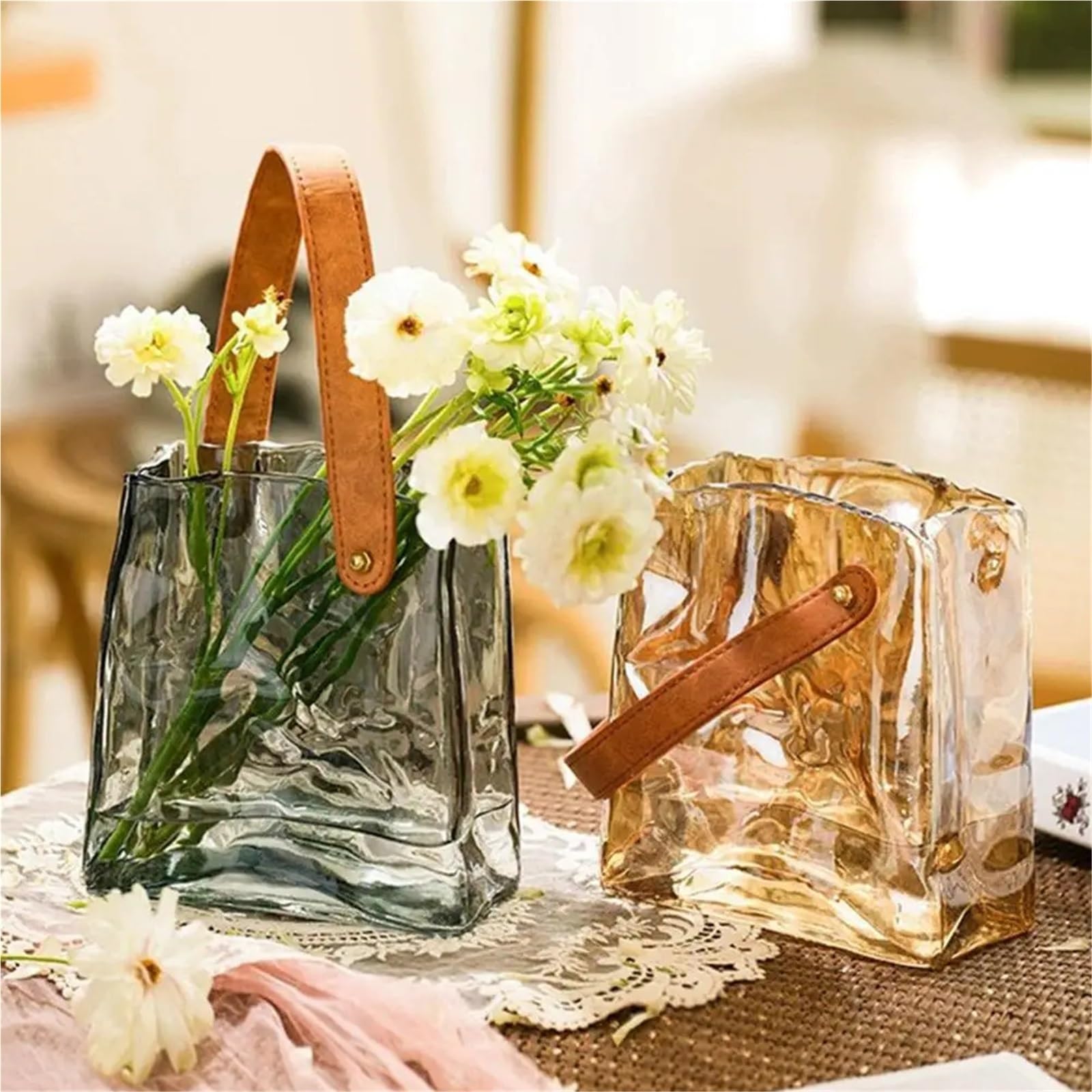 Vase Hydroponique Verre Vase en Verre Forme de Sac à Main, Terrarium, Pot Fleur hydroponique Transparent, Accessoires décoration for la Maison(Amber M)