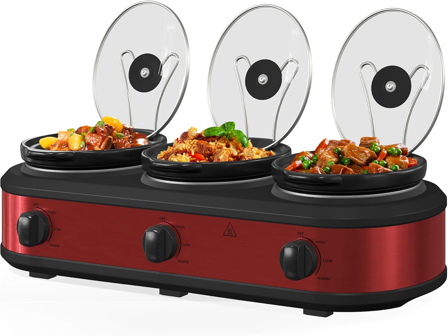 Triple Slow Cooker, 3 x 1.5 QT Portable Small Dual Crock Cooker, Buffet Servers and Warmers Dishwasher Safe, Removable Ceramic Pot Glass Lid, Stainless Steel, Red 3X1.5QT Red