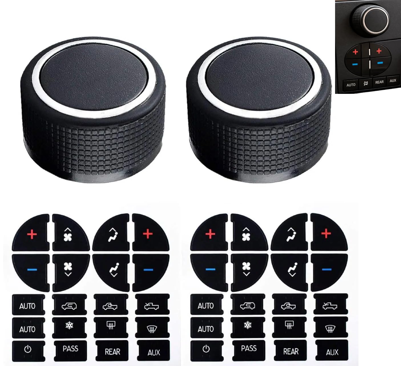 Rear Radio Volume Control Knob Replacement & AC Dash Button Sticker Kit for GM 22912547 – Compatible with Chevy Tahoe, Silverado, Buick Enclave, GMC 2007-2013(2 Pcs)