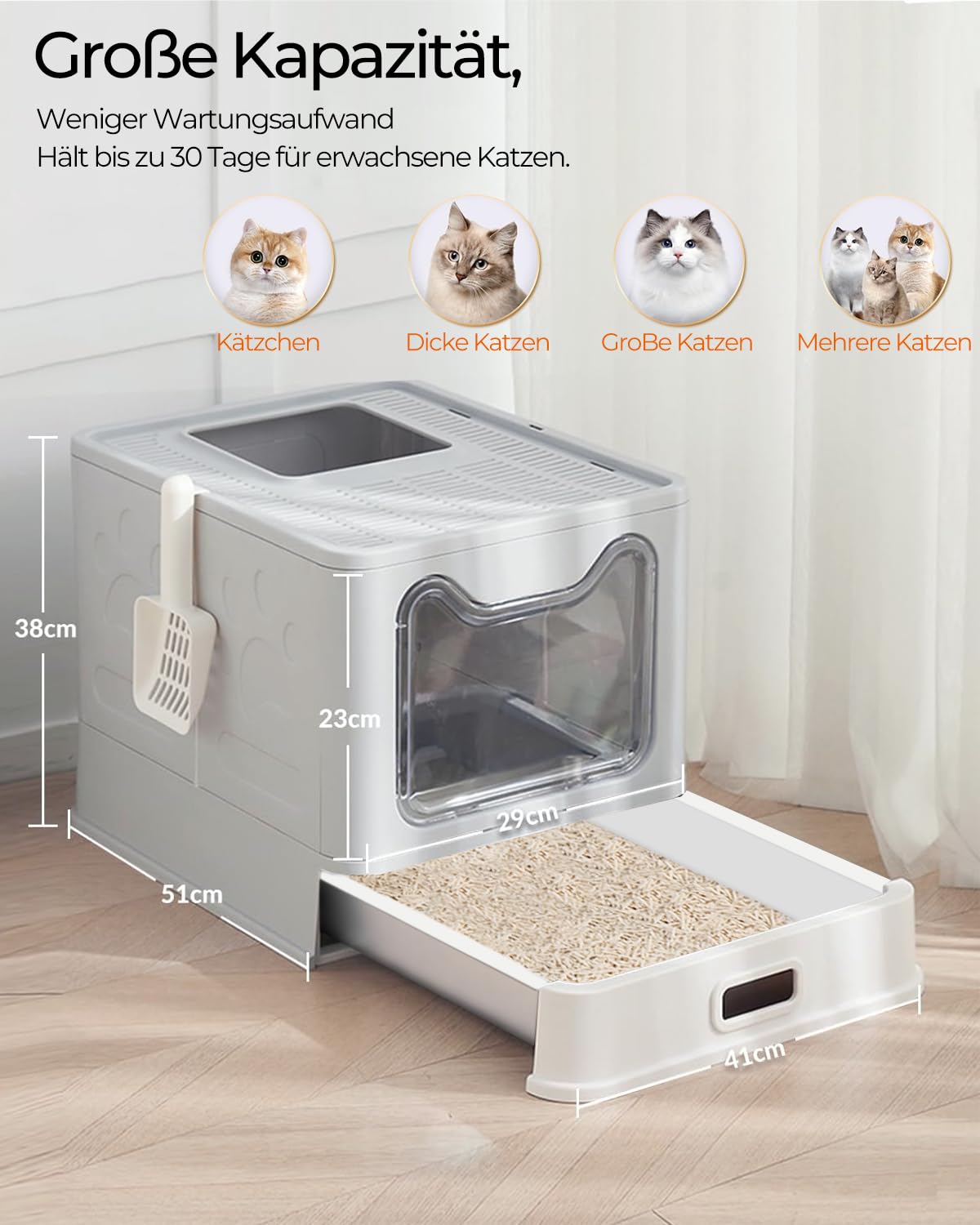 Katzenklo mit Deckel, ausziehbares hochwertiges Tablett und Katzenklo Schaufel, hop in Katzenklo XXL Katzentoilette geschlossen geräumig katzenklo groß für Katzen bis 15 kg, Leichtere Reinigung