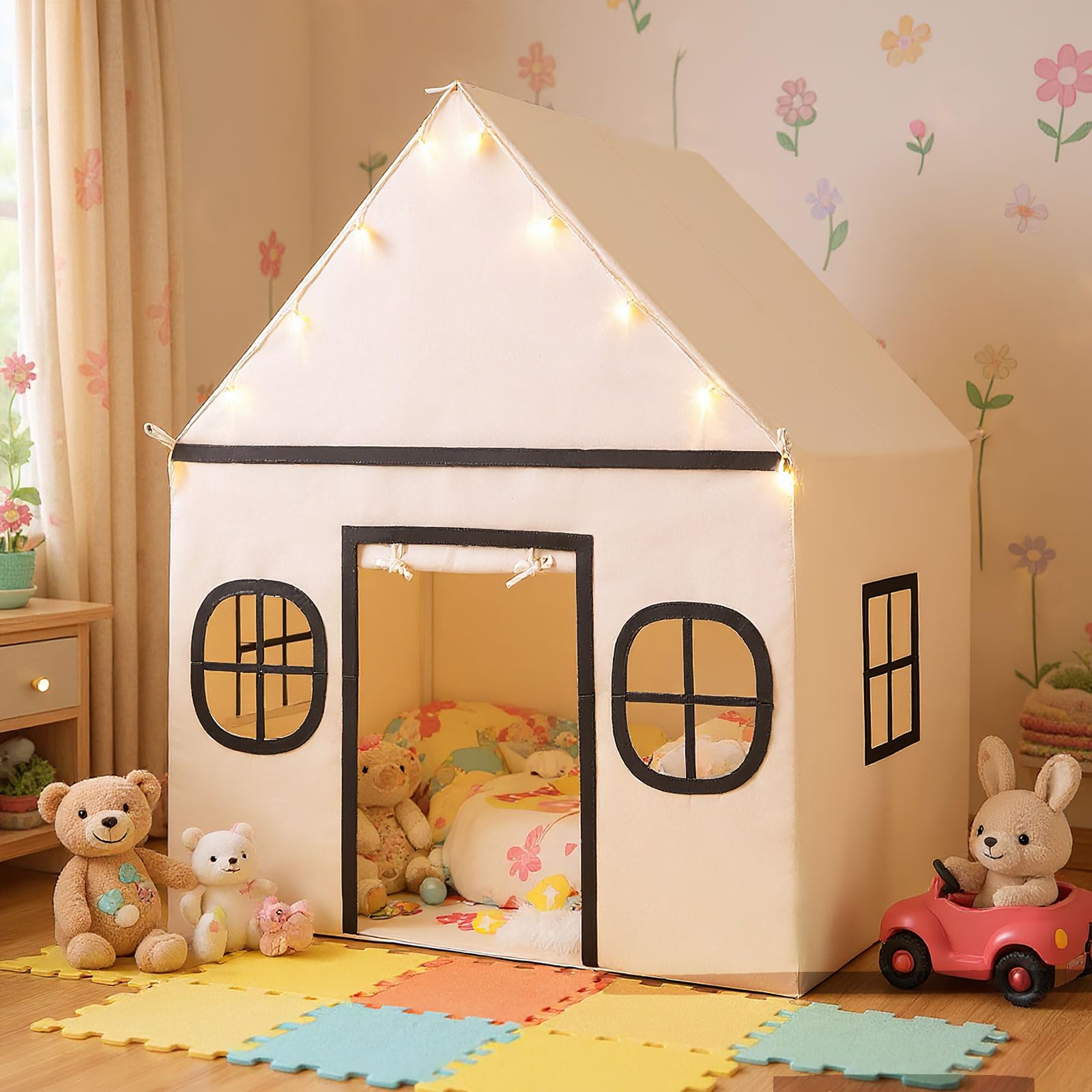 COSTWAY Kids Play Tent, Large Toddler Playhouse with Star Lights, Non-slip Mat, Windows, Side Storage Pocket, Indoor Castle Fairy Tents for Girls Boys (Beige+Grey)