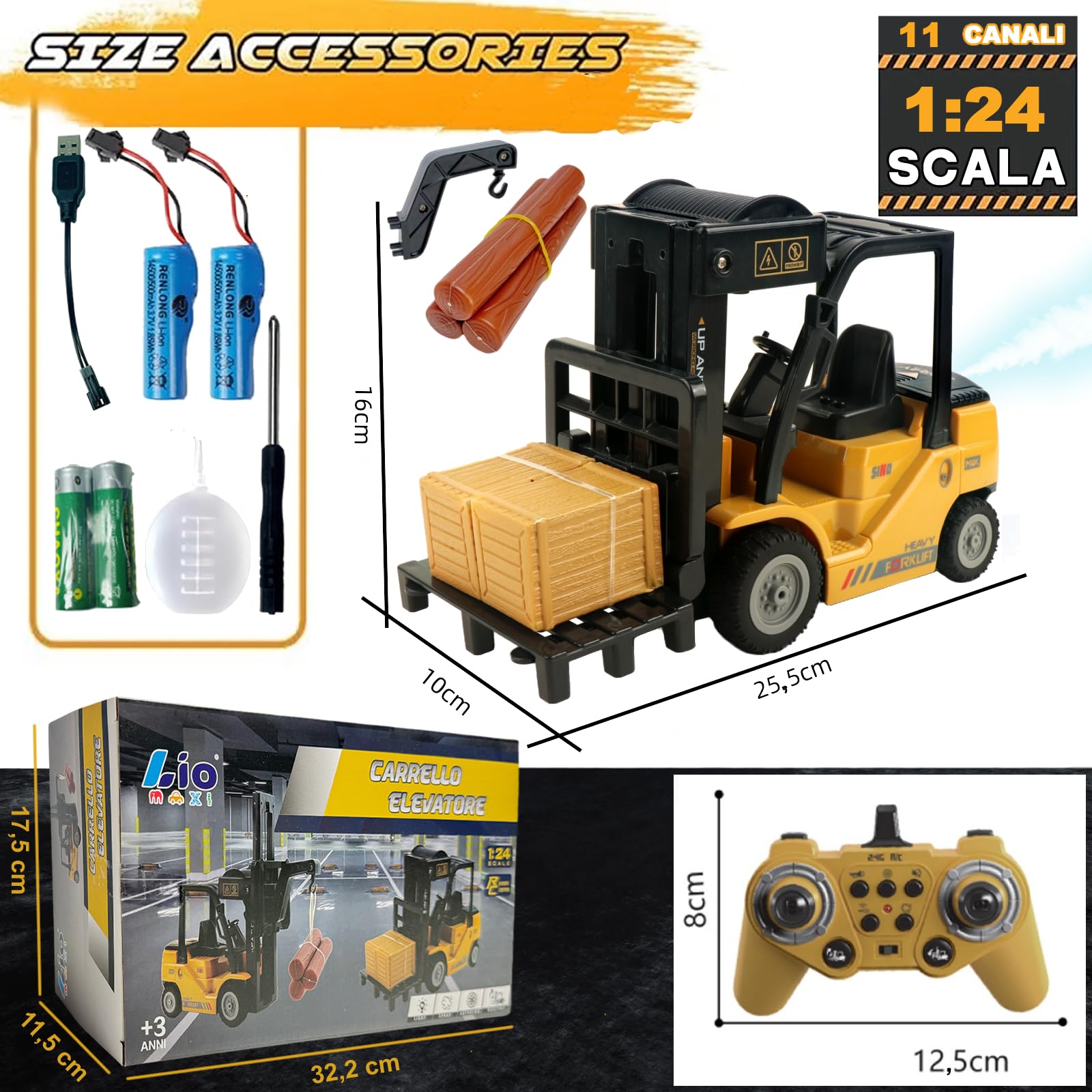 Scale 1:24 RC Giocattolo Carrelli Elevatori, Carrello elevatore telecomandato 2.4GHZ, con scatole/spray suono e luce, telecomandata carrello elevatore giocattolo per bambini, Regalo di complea