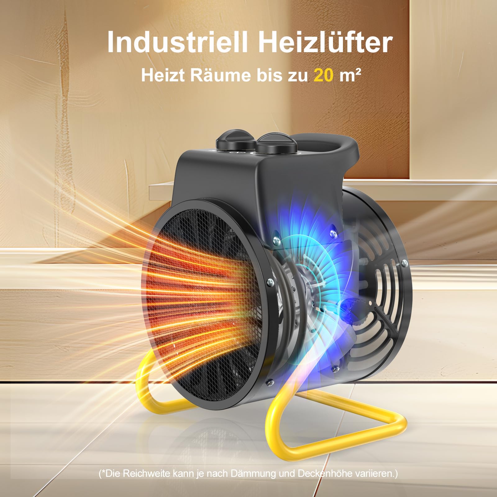 Elektro Heizlüfter 2000 Watt Heizstrahler mit Überhitzungsschutz | Tragbar, IP24, mit Thermostat, Industriequalität, Stahlgehäuse, Heizgerät für Garage, Baustelle, Werkstatt