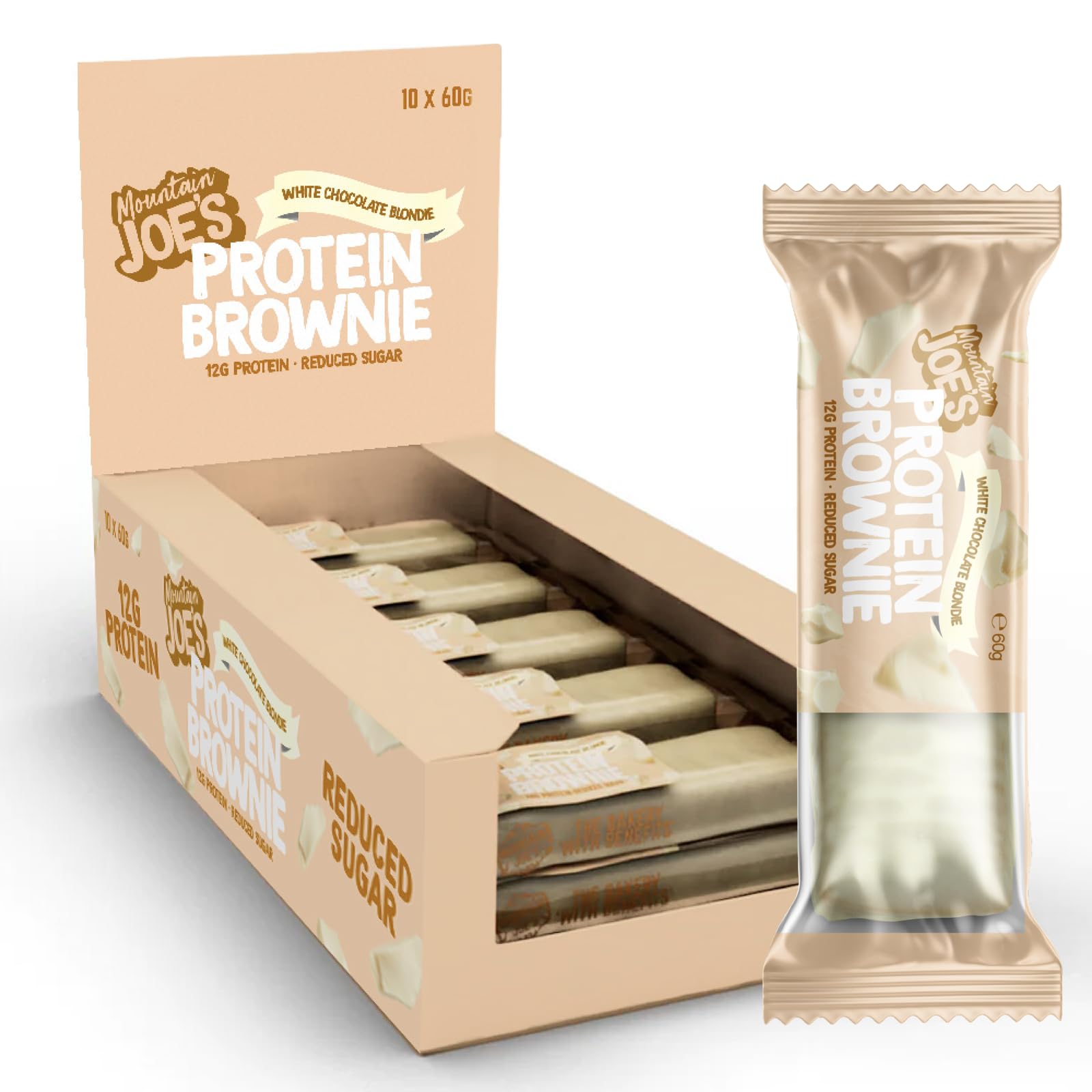 Mountain Joes On-the-Go Soft-Baked Protein Brownie | High Protein with Fibre, Reduced Sugar Bar with 11g Protein | Nutritional & Healthy Gym Snack Bar | Box of 10 x 60g (Box, White Chocolate Blondie)