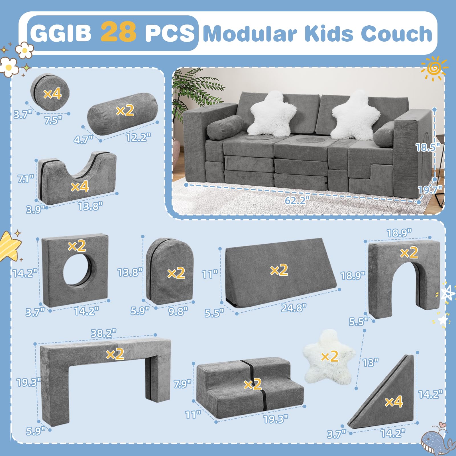 GGIB Modular Kids Play Couch 28 Pcs Foam Toddler Couch Building Fort for Playroom DIY Creativing Toddler Play Set Kids Convertible Fort Floor Sofa for Children Dark Grey