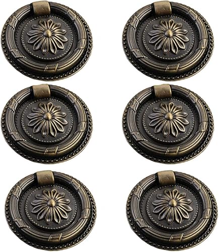 Jinyuanchao 6 manijas de anillo caído, anillo de tocador de latón aceitado para armario, tiradores de cajón (bronce, 2.1 pulgadas2.165 in)
