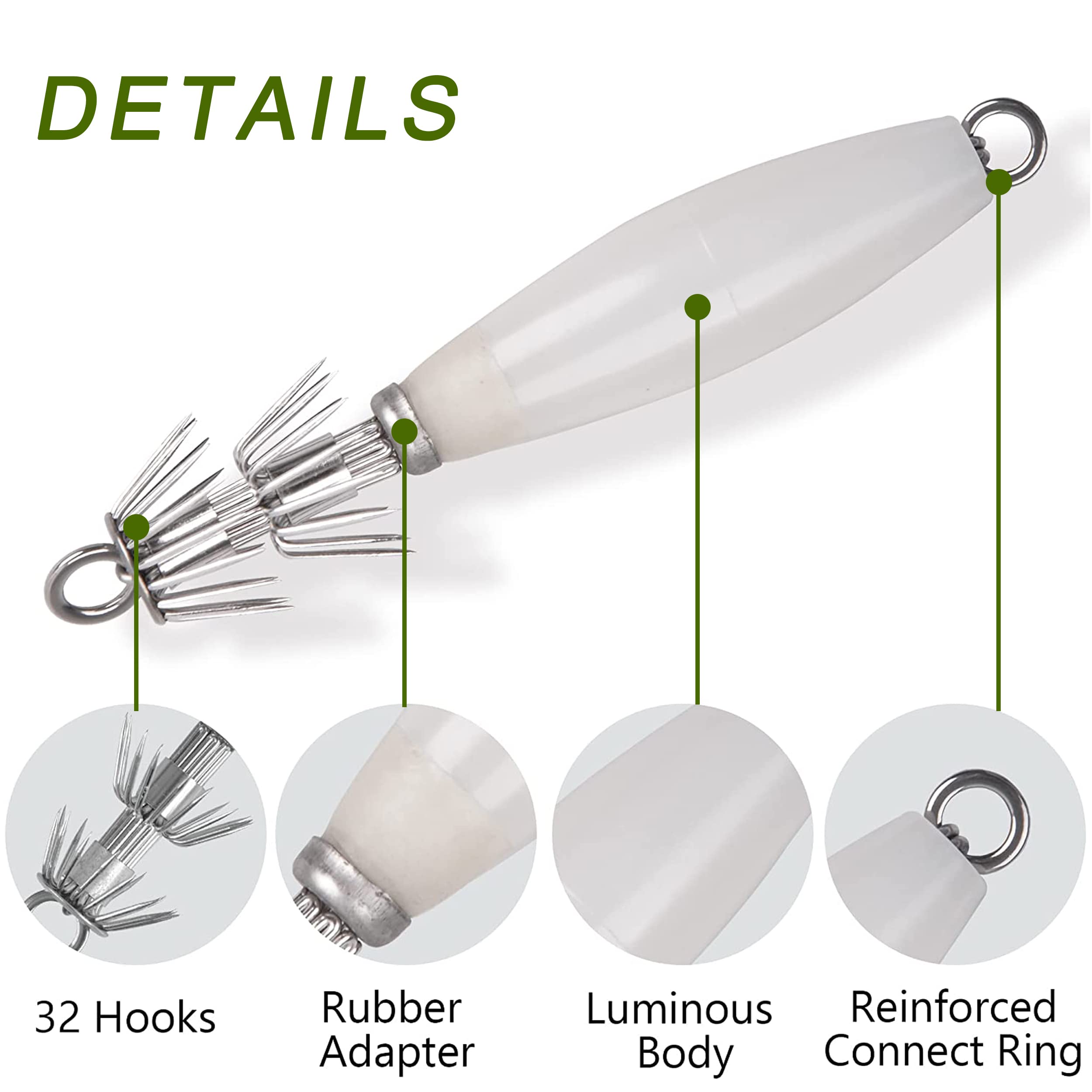 Luminous Squid Jig Hooks 5pcs/10pcs Fluorescent Cuttlefish Sleeve Jig Octopus Lures Shrimp Bait Squid Hook Hard Fishing Baits Set for Saltwater Night Fishing (5pcs) - Image 2