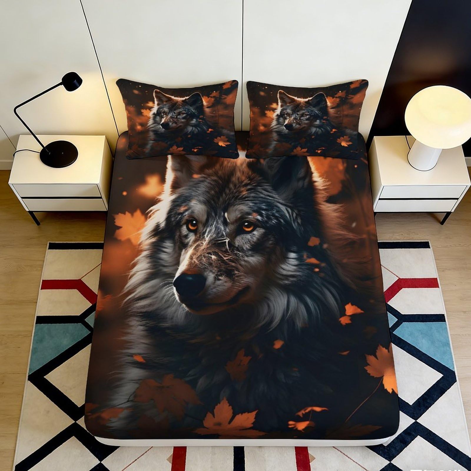 Jqzkxnhpbr Style-2 3D Printed Autumn Wolf Fitted Sheet Microfiber Soft Breathable Forest Leaves Mattress Cover For Bedroom Guest Room Decor 90X200x25cm