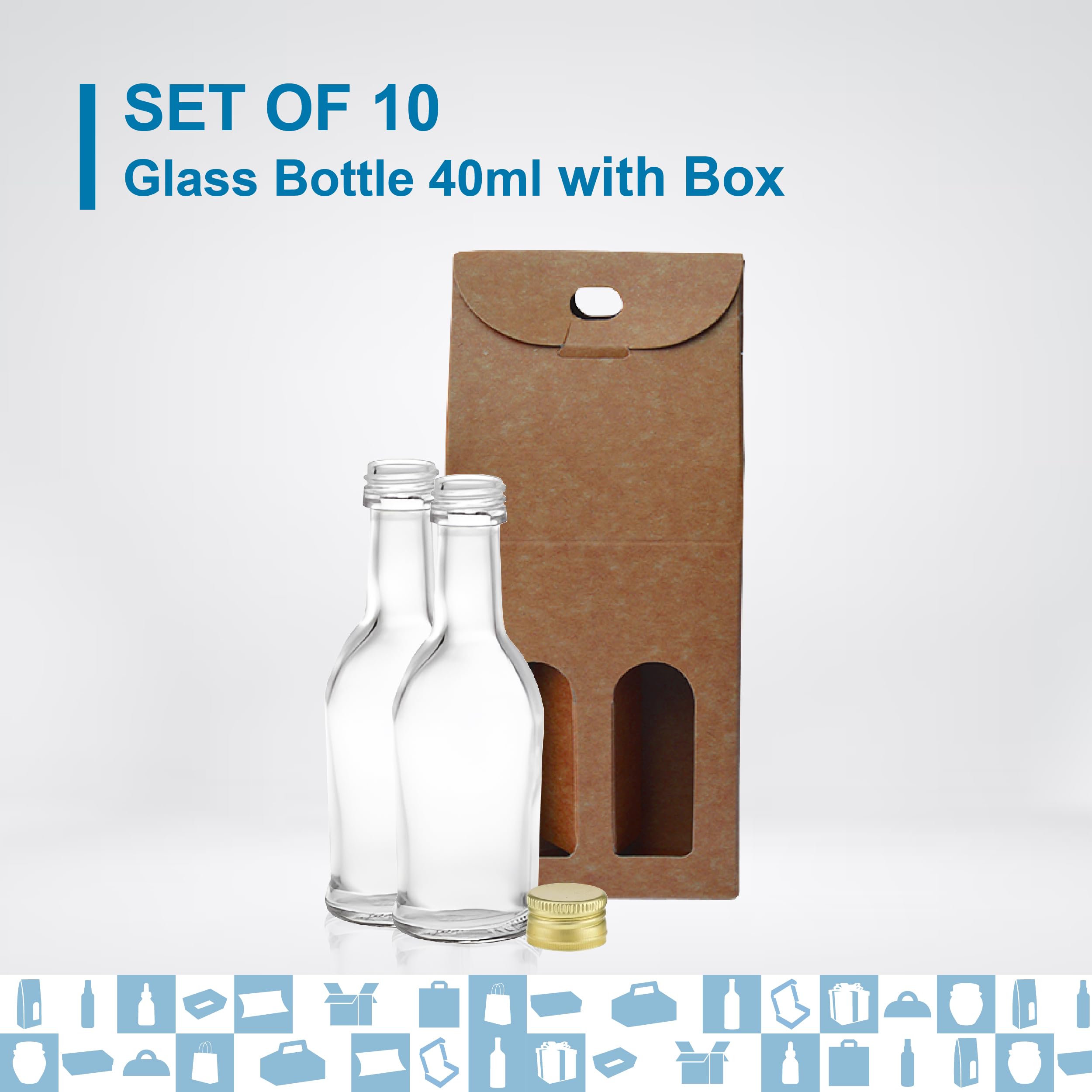 Paquete de 20 mini botellas de cristal Galão de 40 ml con tapón de rosca dorado y caja para 2 botellas- Miniaturas de alcohol de 4 cl, pequeñas muestras, ideal para regalos, bodas