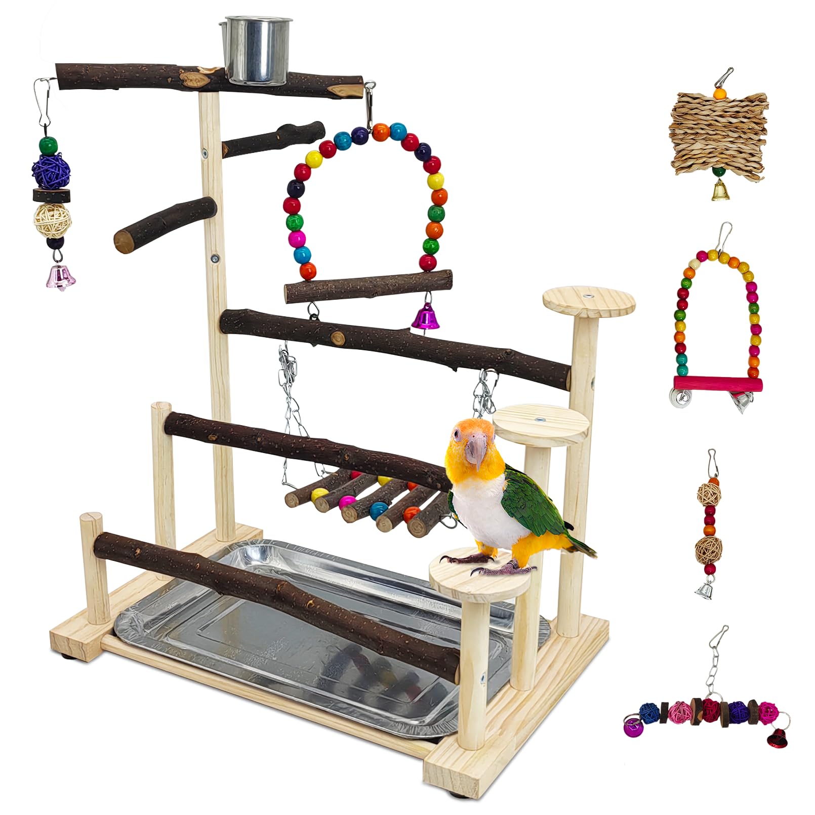 PINVNBY Bird Playground 9 PCS Parrot Perch Stand Play Gym Cockatiel Wood Bird Toys Birds Cage Accessories Playpen with Feeder Cups Hanging Swing Toys for Parakeet Conure Lovebird Cockatiel