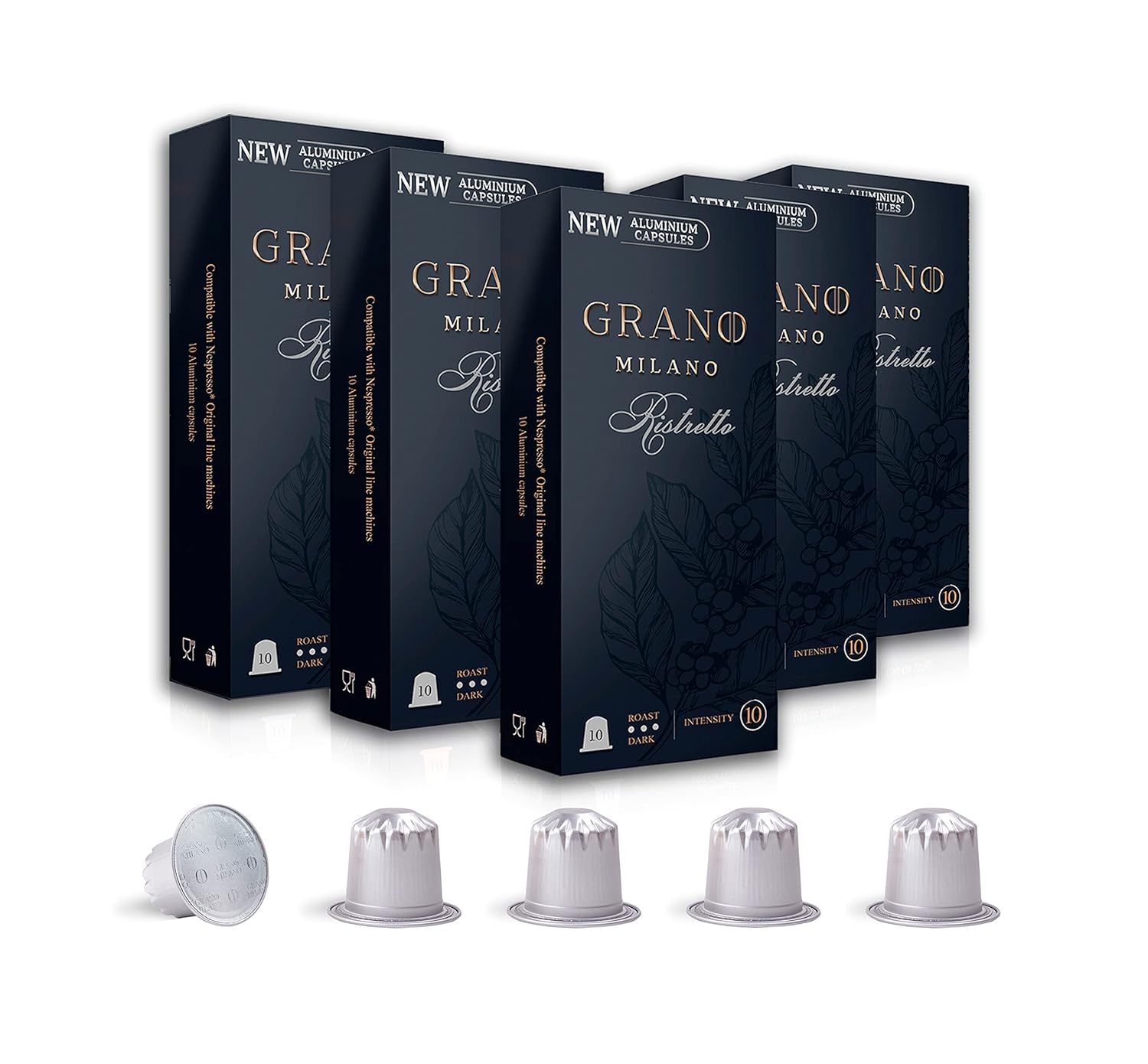 Grano Milano Ristretto Coffee Capsules – 50 Aluminum Coffee Pods Compatible with Nespresso Original line, Dark Roast – Intensity 10/12, Made in Italy