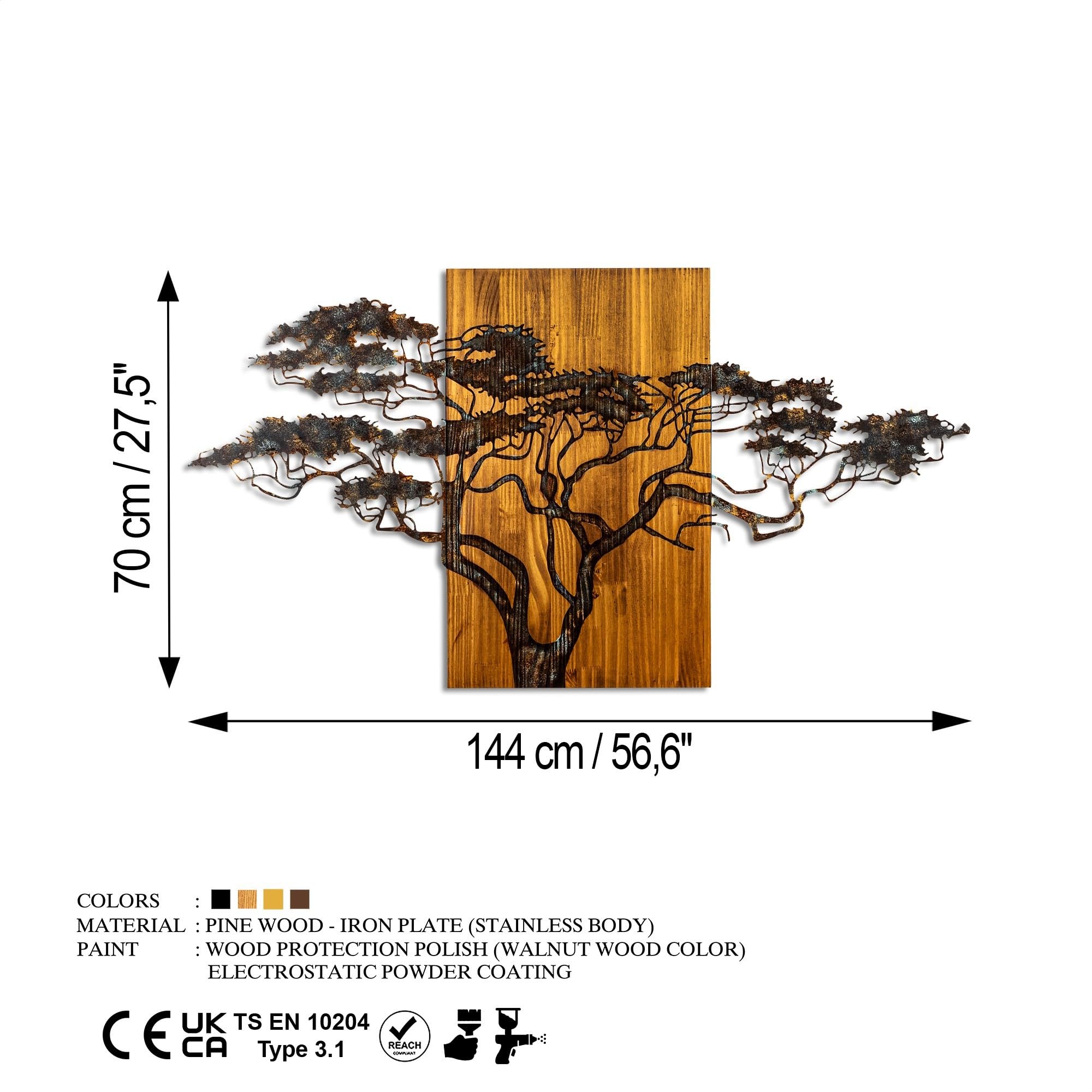 Wallity Accesorios de pared de madera pintados a mano, 144 x 70 x 3 cm, 100% madera maciza (3 cm) y metal (1,5 mm), diseño único con variaciones naturales