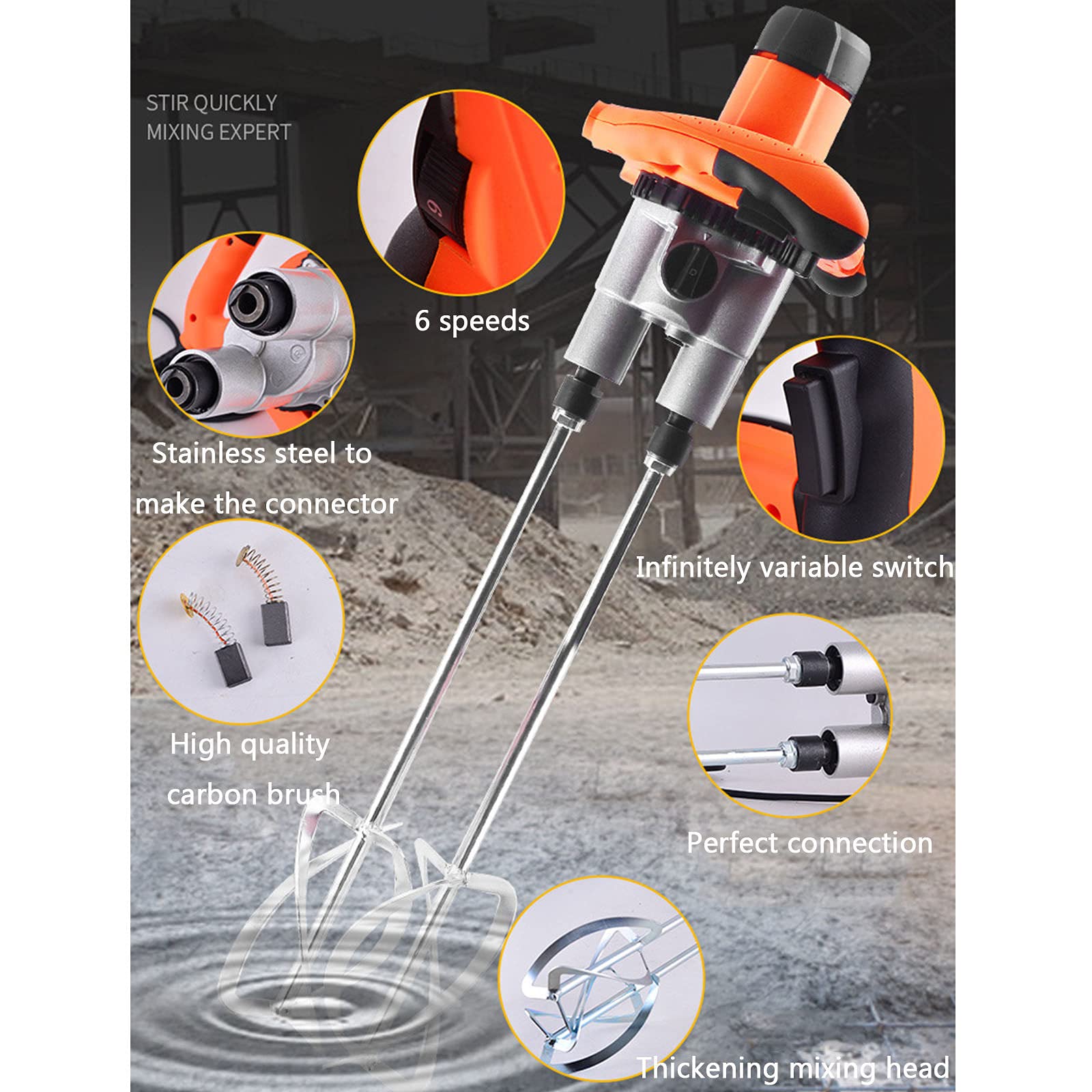 Mezcladora, Batidora Amasadora Cemento, con Una Varilla Mezcladora para Mezclar Concreto Barro, 220V 1600W Agitador 50 / 60Hz Mezclador de Concreto de Mano de 6 Velocidades 800Rpm