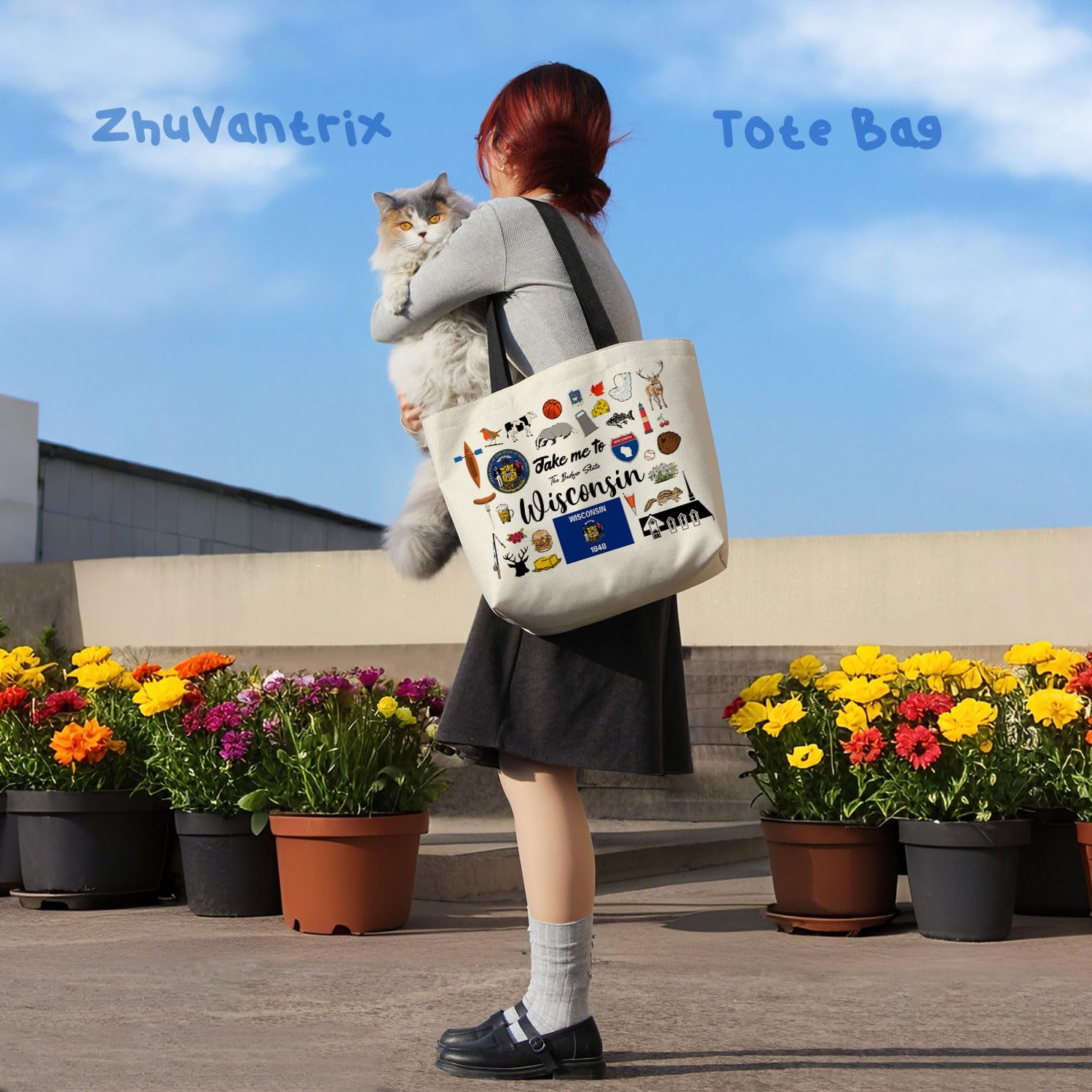 Take Me To Wisconsin Tote Bag Reusable Grocery Bags Aesthetic Shopping Shoulder Handbag with Interior Pocket Lightweight & Washable Stylish Wisconsin Travel Present for Women