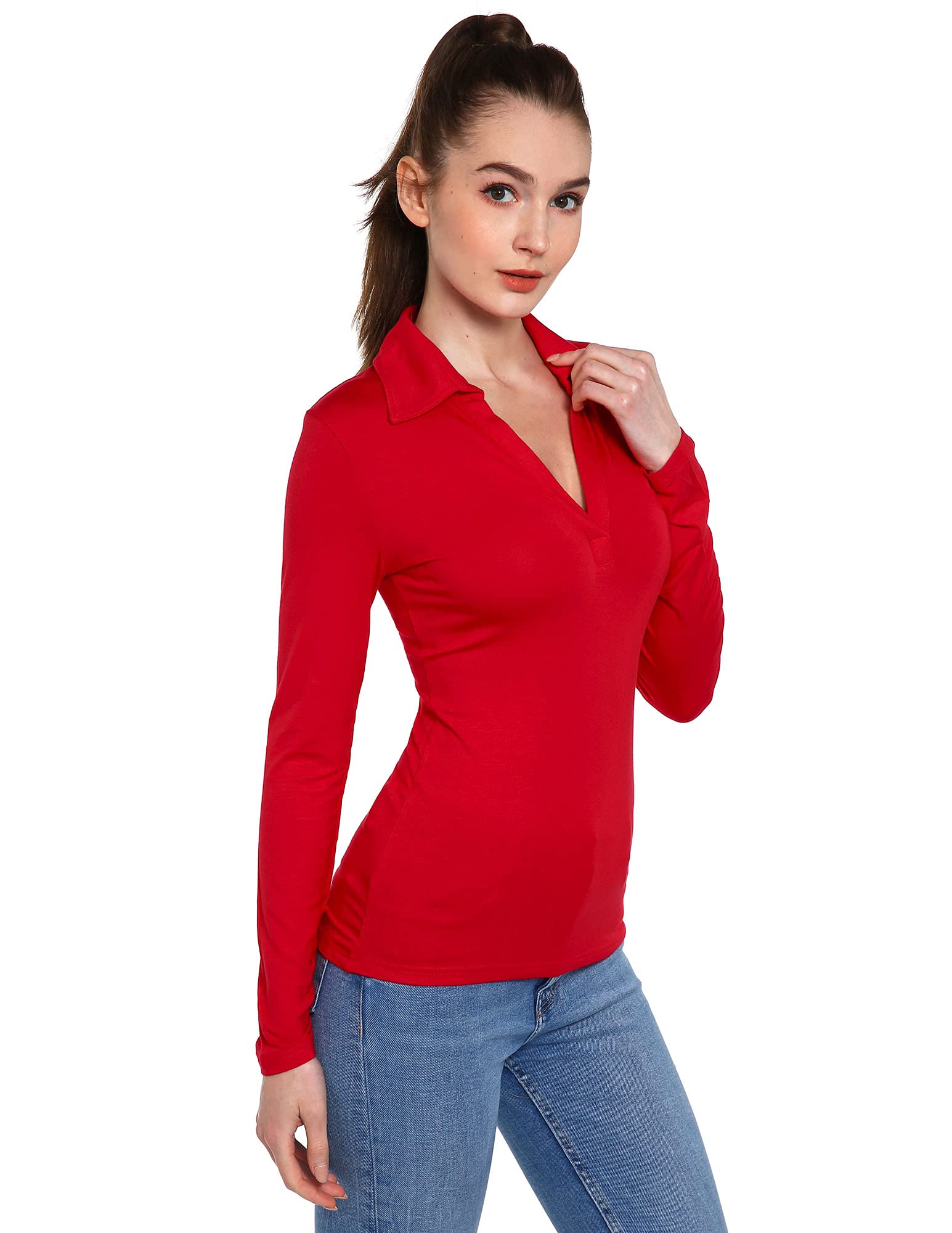 Amélieboutik Women's Red Collar V Neck Long Sleeve Polo Shirt ( Medium 12)