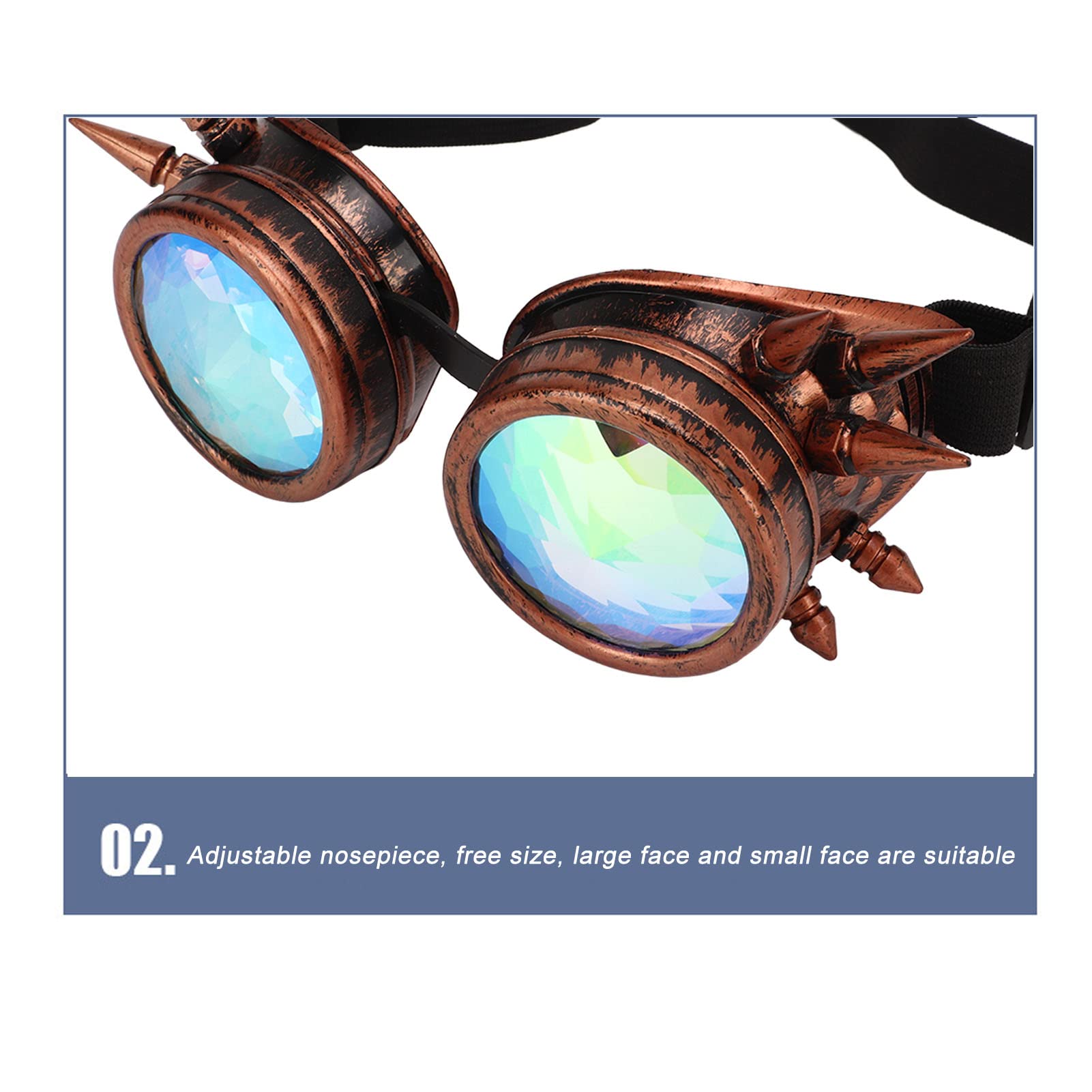 Halloween Kaleidoscope Rave Goggles Rainbow Crystal Lenses Adjustable Trippy Psychedelic Steampunk Goggles (Purple Bronze) - Image 3