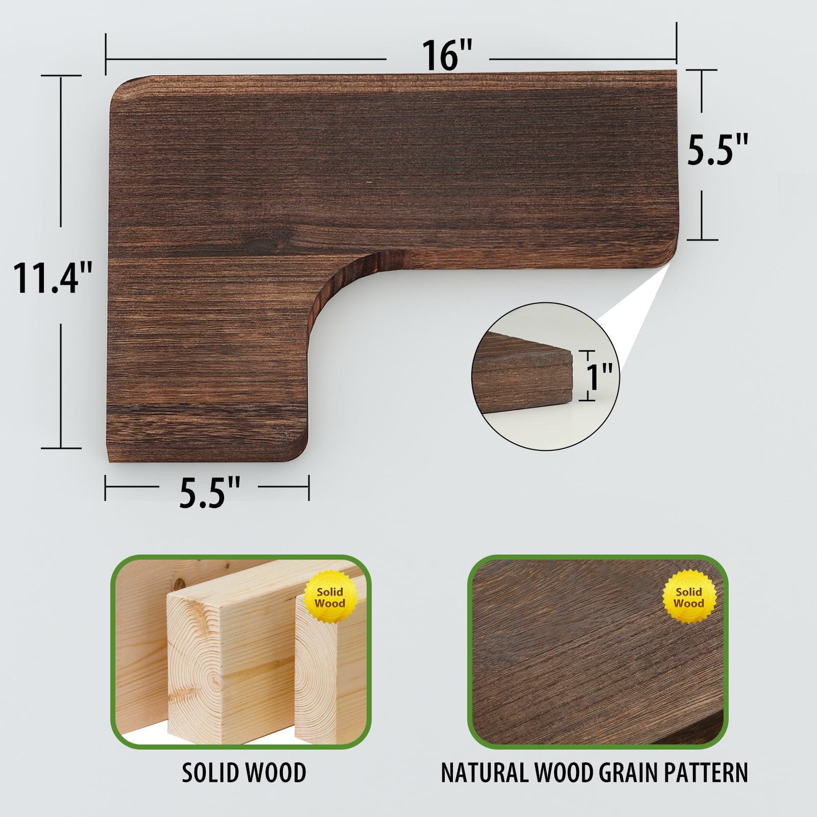 SAUMONIERES Estantes flotantes de esquina para montaje en pared, madera maciza para dormitorio, baño, cocina, almacenamiento, juego de 3, marrón rústico, soportes invisibles