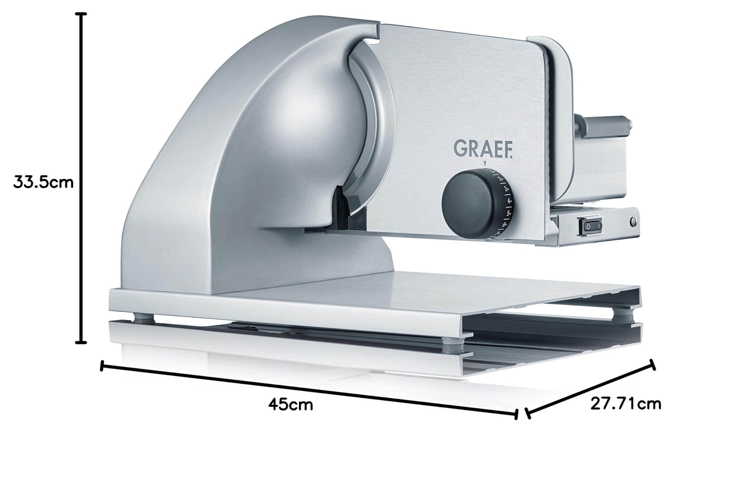 GRAEF. Allesschneider ABSOLUTE titan-silber mit Vollstahlmesser und stufenloser Schnittstärke (0–15 mm), Aluminiumanschlag, flüsterleisem 185-Watt-Motor, Rundführungsschlitten