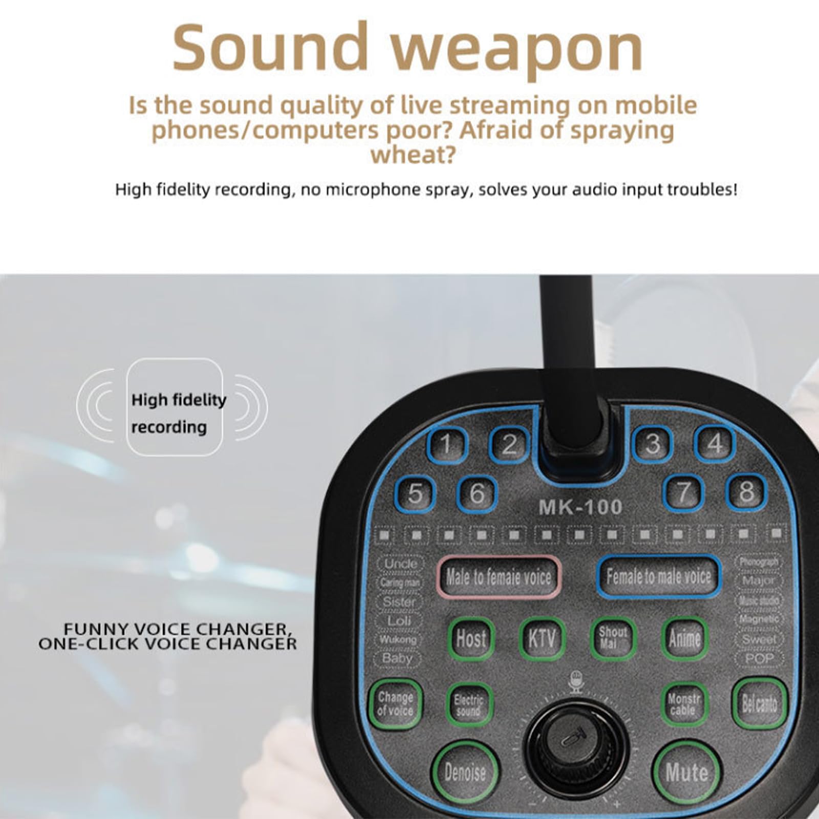 Morain Changeur de voix en temps réel 16 modes sonores micro Plug and Play 16 bits/48 kHz pour jeux mobiles streaming chat