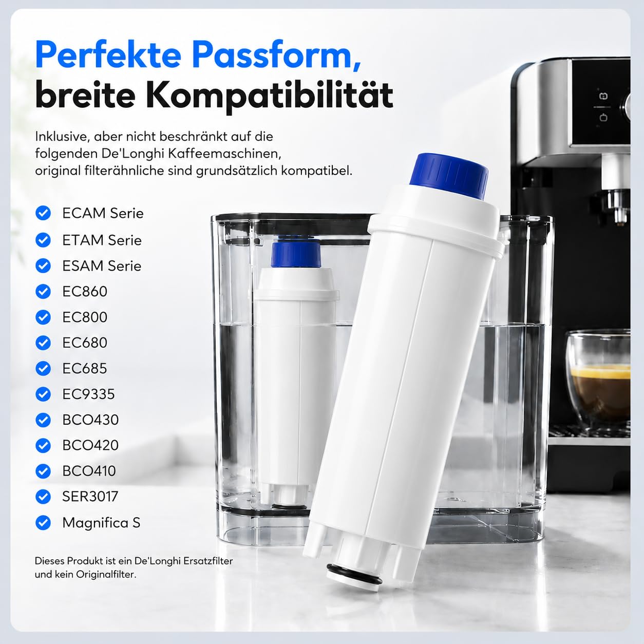 Filtro dell'acqua per Delonghi DLSC002, compatibile con ECAM, ETAM, Magnifica, Dinamica, Eletta - Filtro di ricambio al carbone attivo per macchine da caffè automatiche, senza cloro e insapore