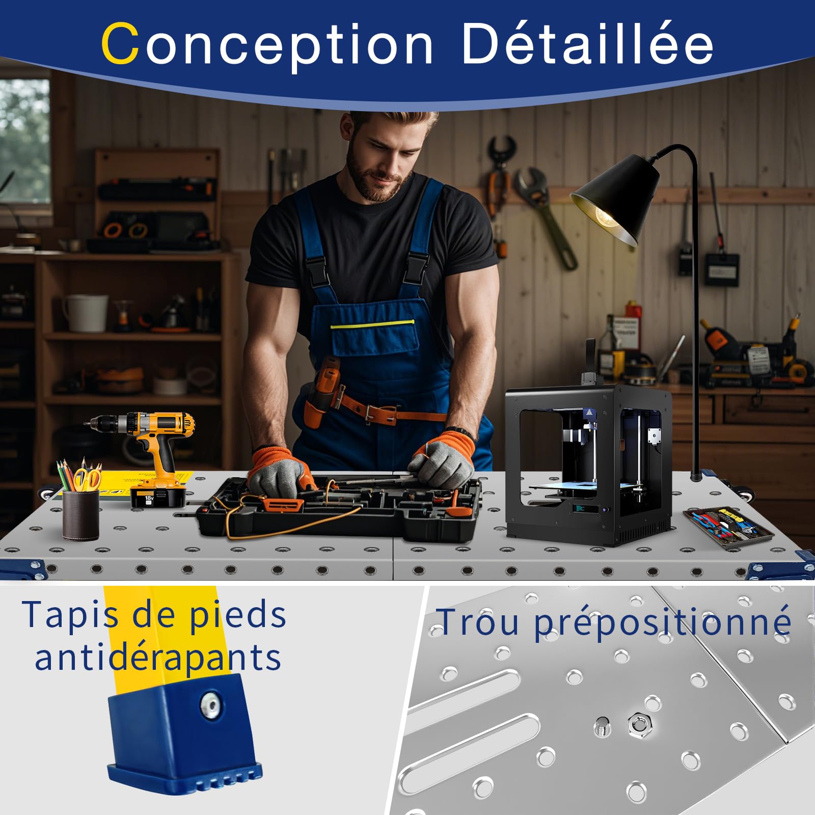 VKE Plateforme de Travail 120 × 36 × 90 CM en Tôle Galvanisée, 500 KG Capacité de Charge, Échafaudage Portable, Table de Soudure Pliant avec 4 roulettes Universelles, Réglable en Hauteur