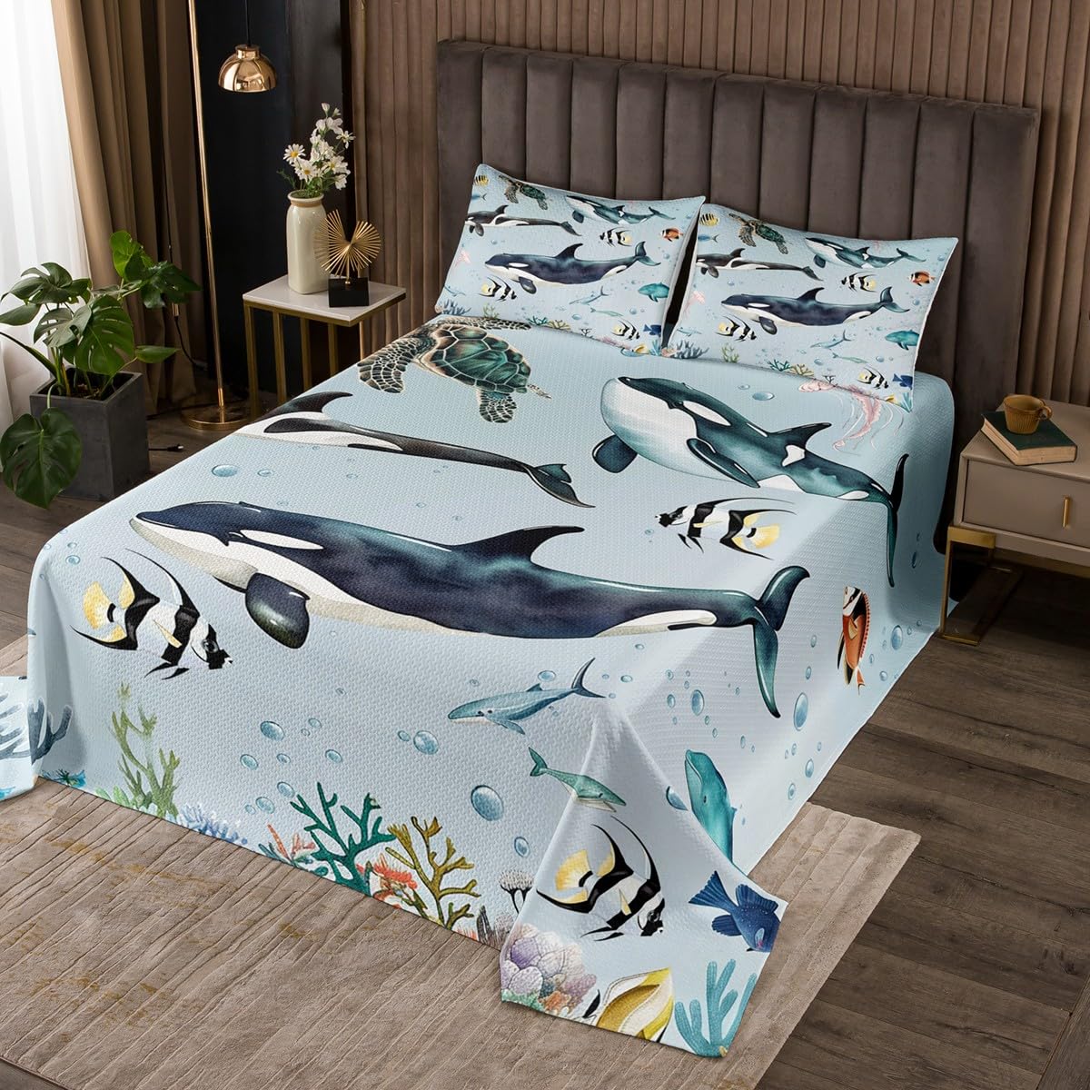 jejeloiu Cute Sea Fish Bedspread Ocean Animal Bedspread for Kids Boys Girls Underwater World Coverlet Set Octopus and Whale Quilted Bedroom Collection 3Pcs Queen Size