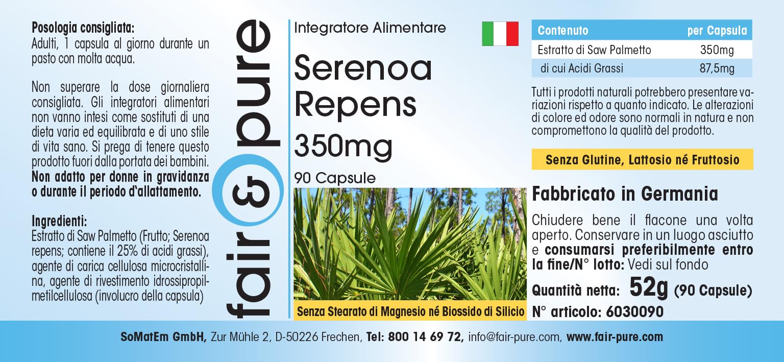 Fair & Pure® - Saw Palmetto in capsule - Estratto di Serenoa repens 350mg con Beta-sitosterolo - 90 Capsule