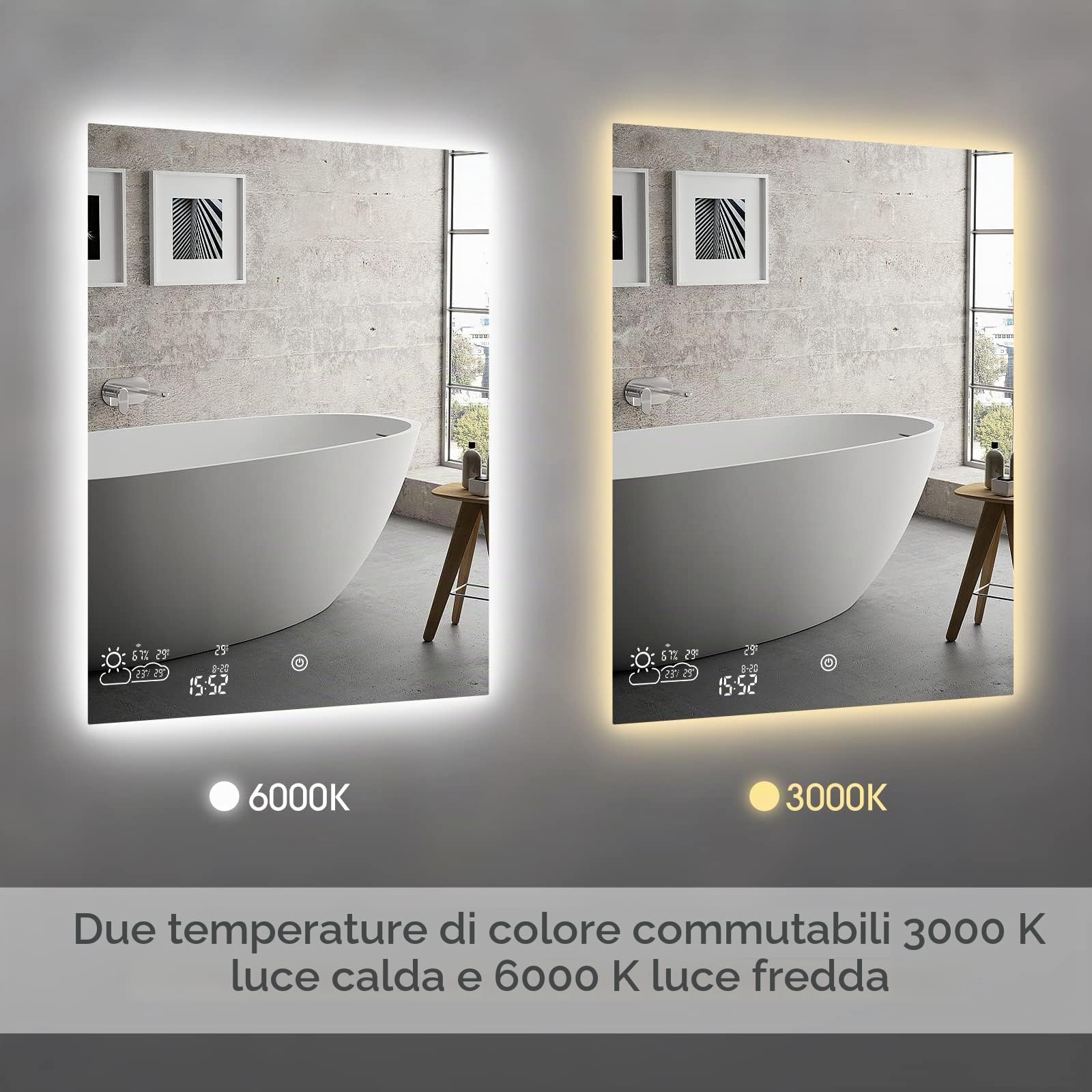 byecold Specchio da bagno a LED, anti-appannamento, 60 x 80 cm, con interruttore touch, stazione meteo WiFi e data, Smart Mirror, verticale