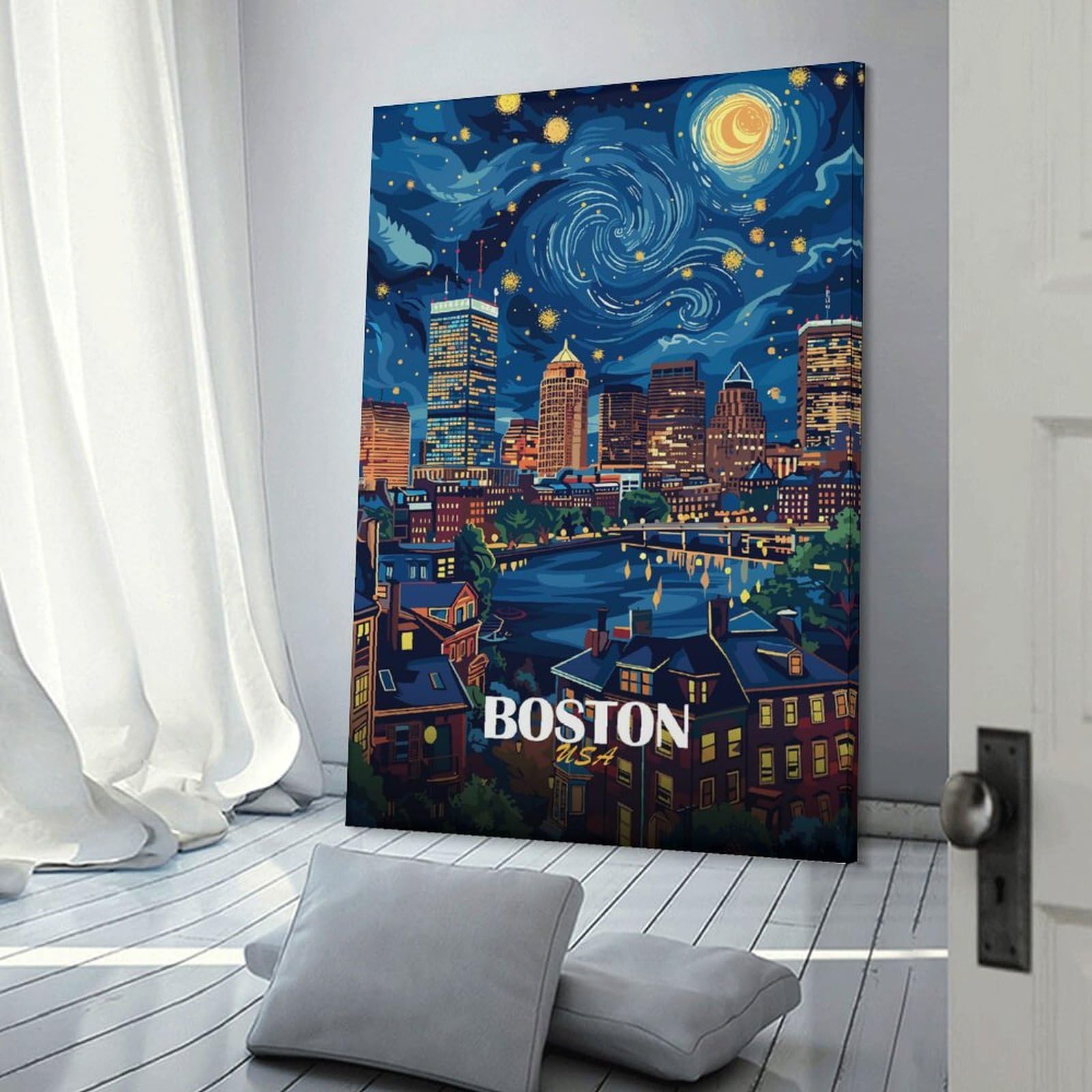 Junmoney Boston USA Night Skyline Art Hanging Wall Art, 24x36inch(60x90cm), for Entryway, Lounge Links Or Small Walls, Home Artwork for First Impressions