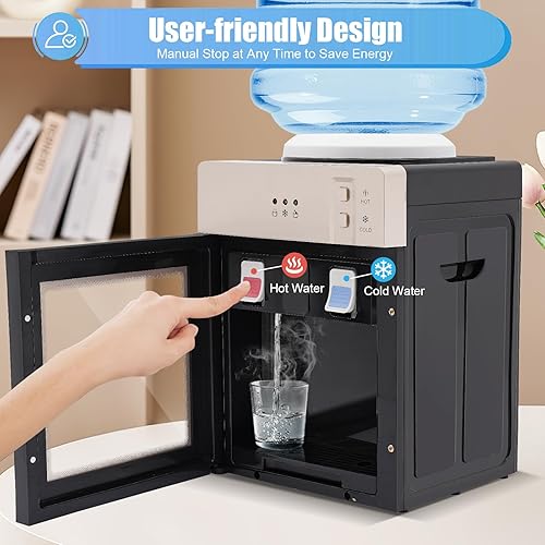 Miniatura 5 de Top Loading Dispensador de enfriador de agua de encimera para botellas de 1.1-4.9 galones, dispensador de agua caliente y fría de 500 W, 75 W,