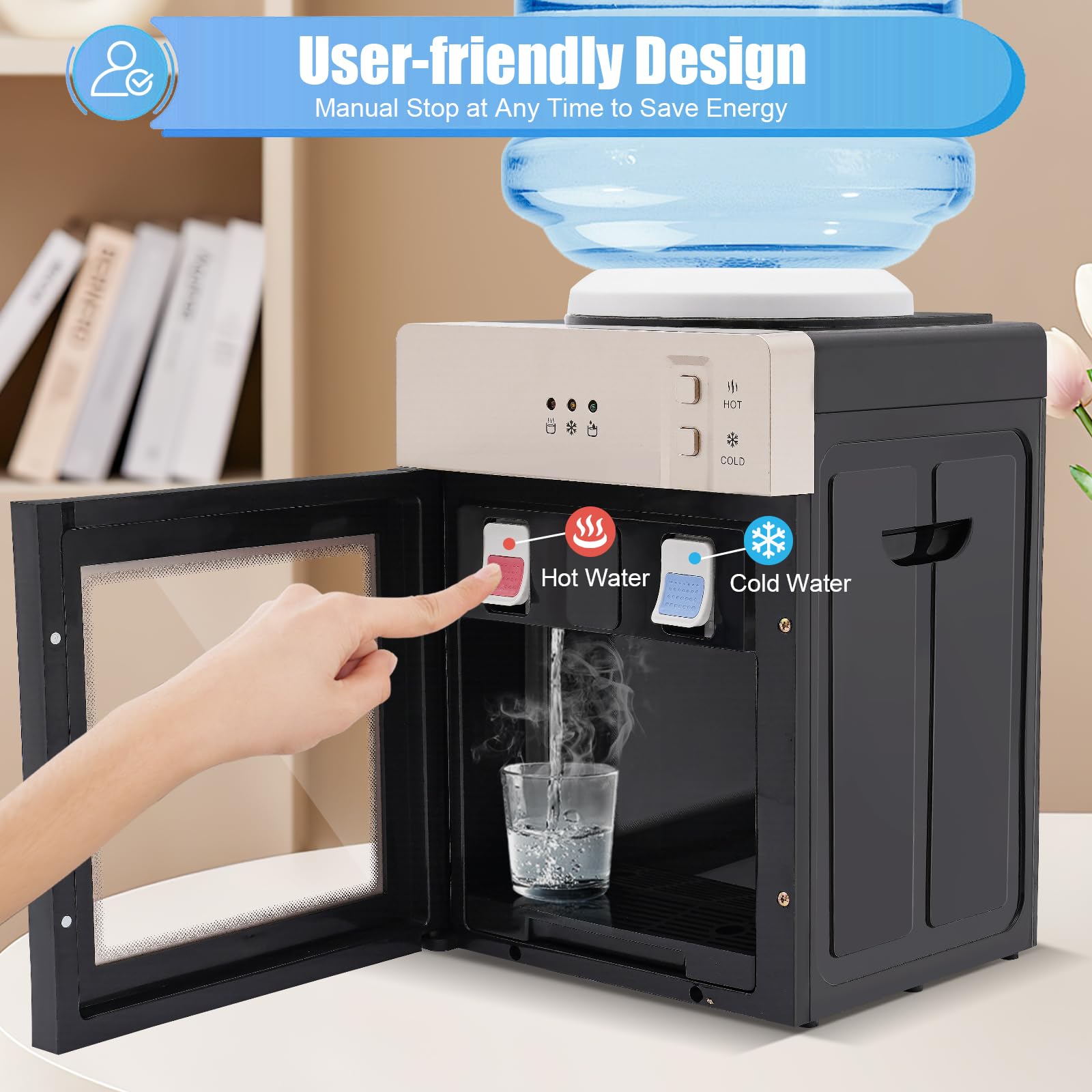 Desktop Water Cooler Dispenser, Top Loading Cooler for 1 to 5 Gallon, 3 Temperature Settings Bedside Water Dispenser for Home/Office/Dormitory Use