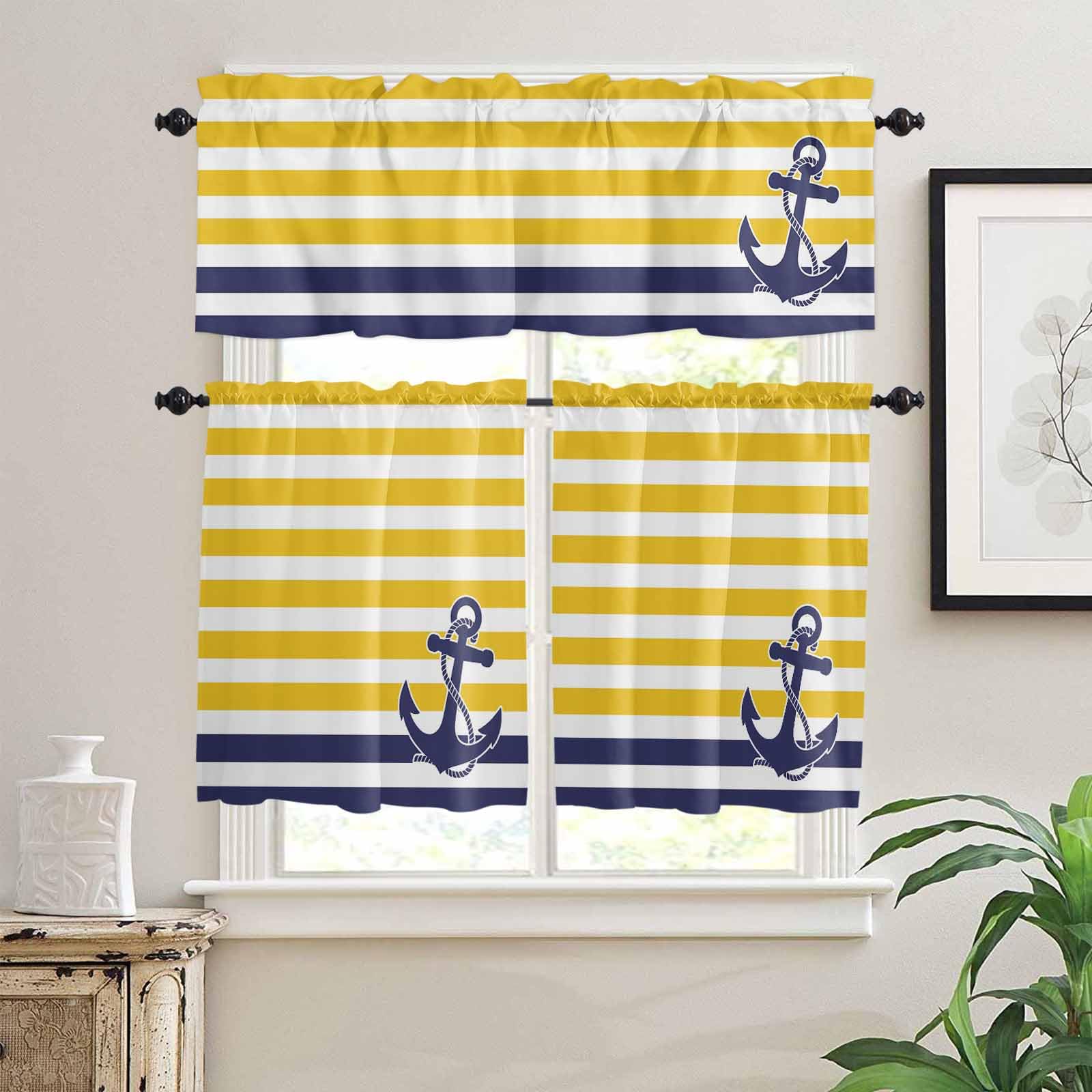 Yellow Striped Kitchen Curtains 24 Inch Length, 3 Piece Rod Pocket Small Half Tiers and Valance Set, Navy Blue Nautical Anchor Geometric Small Large Window Treatment Decor for Bedroom/Bathroom Sink