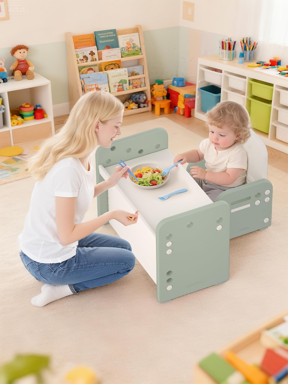 Table Enfant Réglable avec Chaise, Bureau Convertible Multifonctions Vert