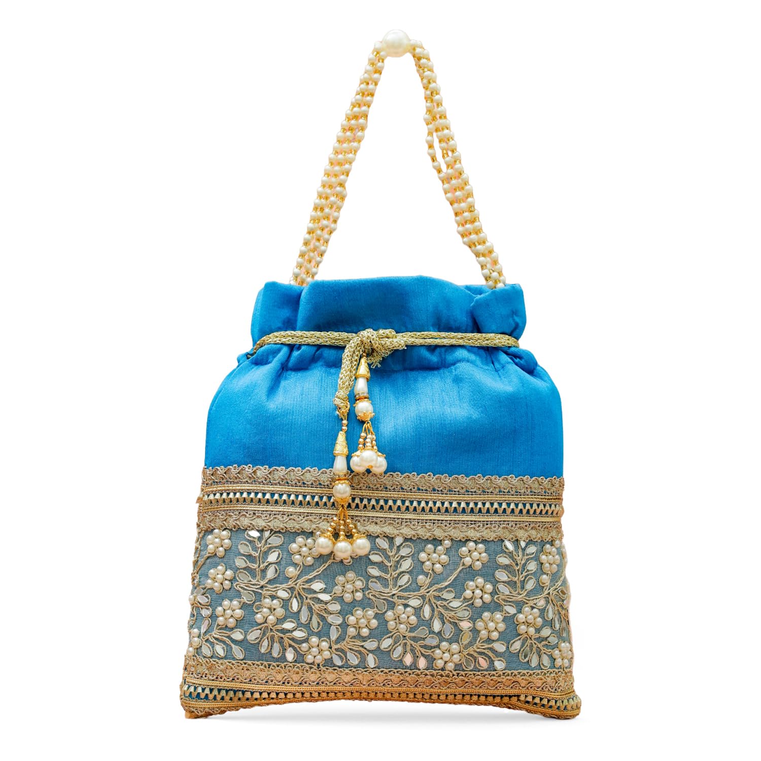Blue Fabric Pearl Embroidered Potli Bag with Golden Zari Detailing & Beaded Handle Wedding Festive & Ethnic Gift for Women & Girls-image-22