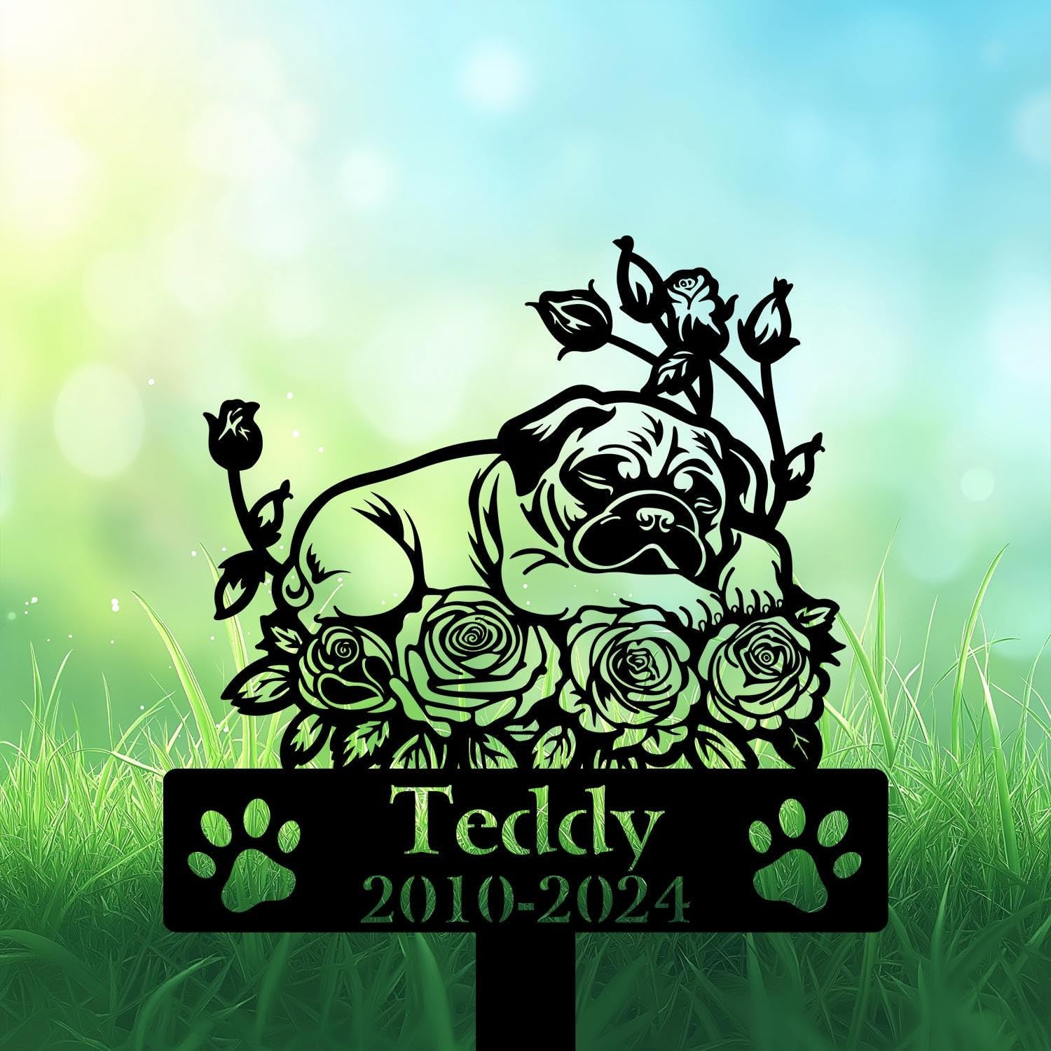 Custom Pug Grave Marker, Pug Sleeping on Rose Flowers Garden Stake, Pug Memorial Gift, Pug Dog Lover, Pug Dog Loss, Dog Headstone, Pet Memorial Plaque, Personalised Name Sign