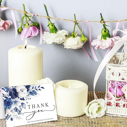 Miniatura 7 de 30 tarjetas de agradecimiento funerarias florales con sobre adhesivo, tarjeta de duelo de flores azules acuarela con mensaje para el servicio