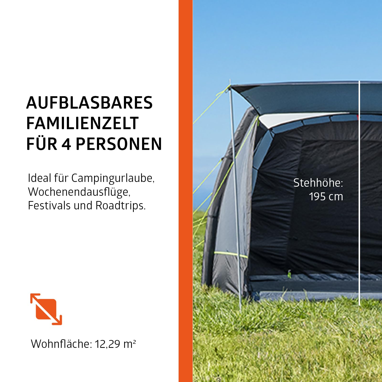 Campout Aufblasbares Tunnelzelt 455 x 270 cm – 4-Personen-Familienzelt mit 2 Schlafbereichen – Inklusive Pumpe und Bodenplane – Schwarz