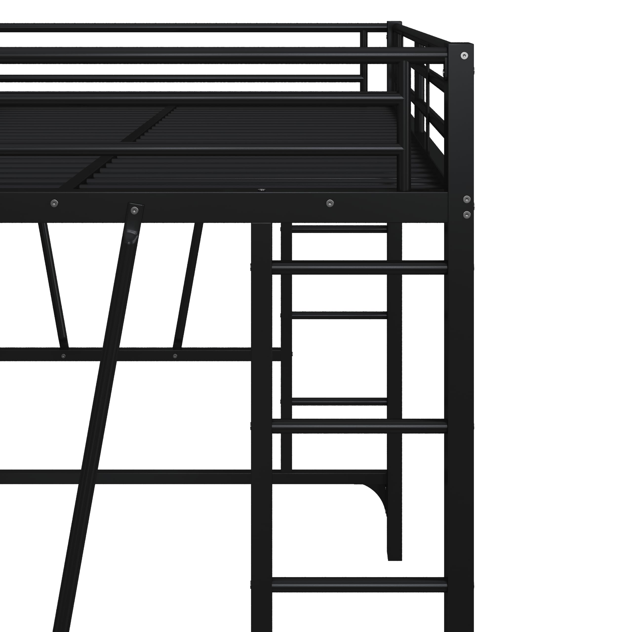 Lcoho Cama alta de 140 x 200 cm, estructura de metal, escalera doble, diseño abierto debajo de la cama, sin colchón, color negro.