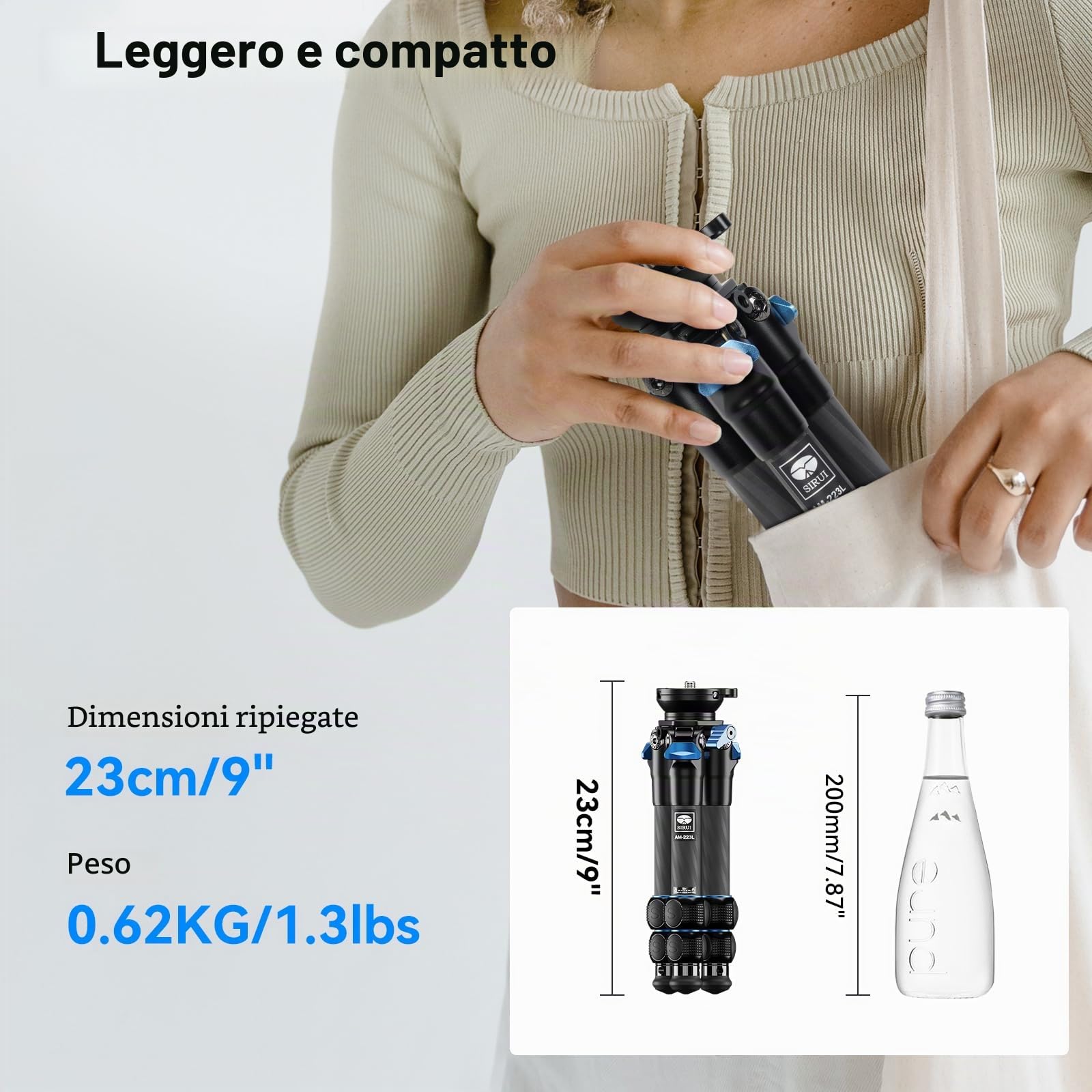 SIRUI Mini Treppiede Carbonio AM-223L, Treppiede da Viaggio per Fotocamera con Base Livellante, Treppiede per Videocamera, DSLR, Carico Massimo 15kg, Altezza Massima 36cm, Altezza Piegata 23cm