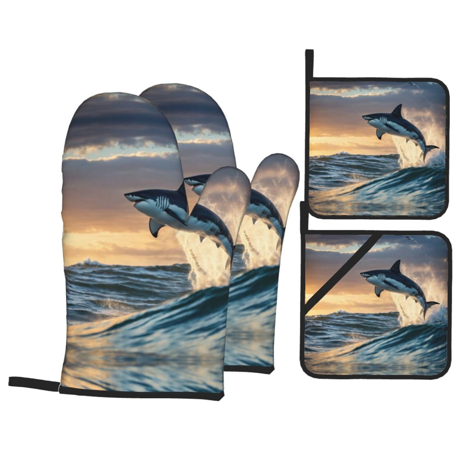 Blue Shark Print Oven Microwaving Waterproof Kitchen Gloves for Baking Grilling Holiday Cooking