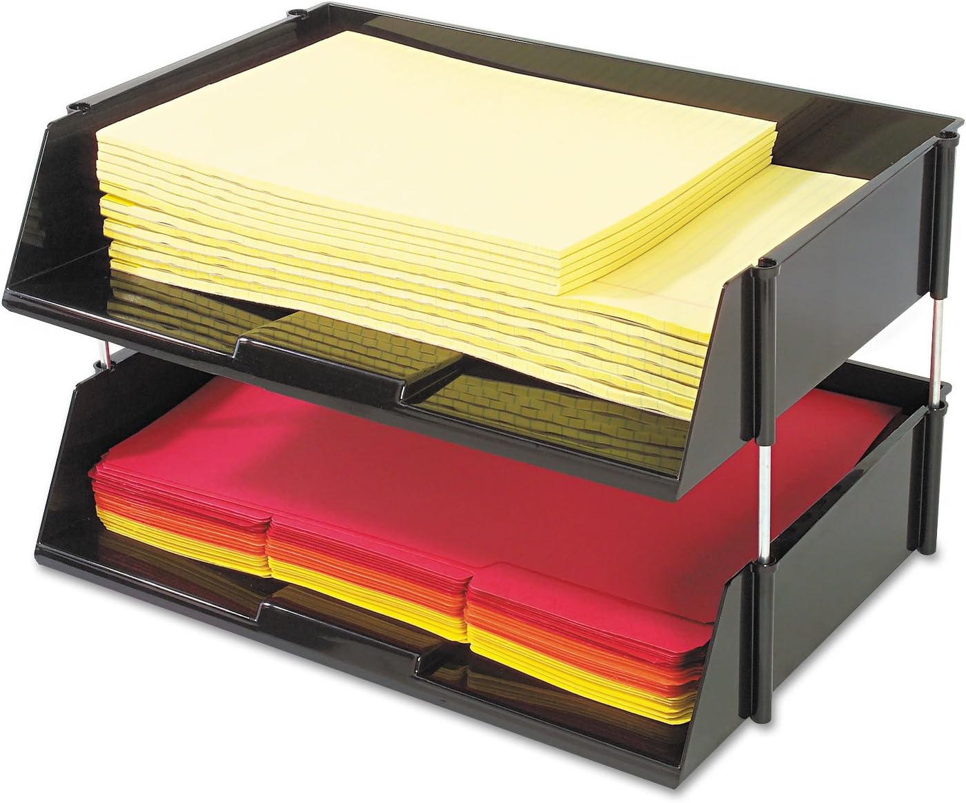 Deflecto Industrial Tray, Stacking Tray, Side-Load, Extra-Wide, Black, Set of 2 Trays With 4 Metal Risers, 16-1/2"W x 3-1/2"H x 11-3/16"D (582704)
