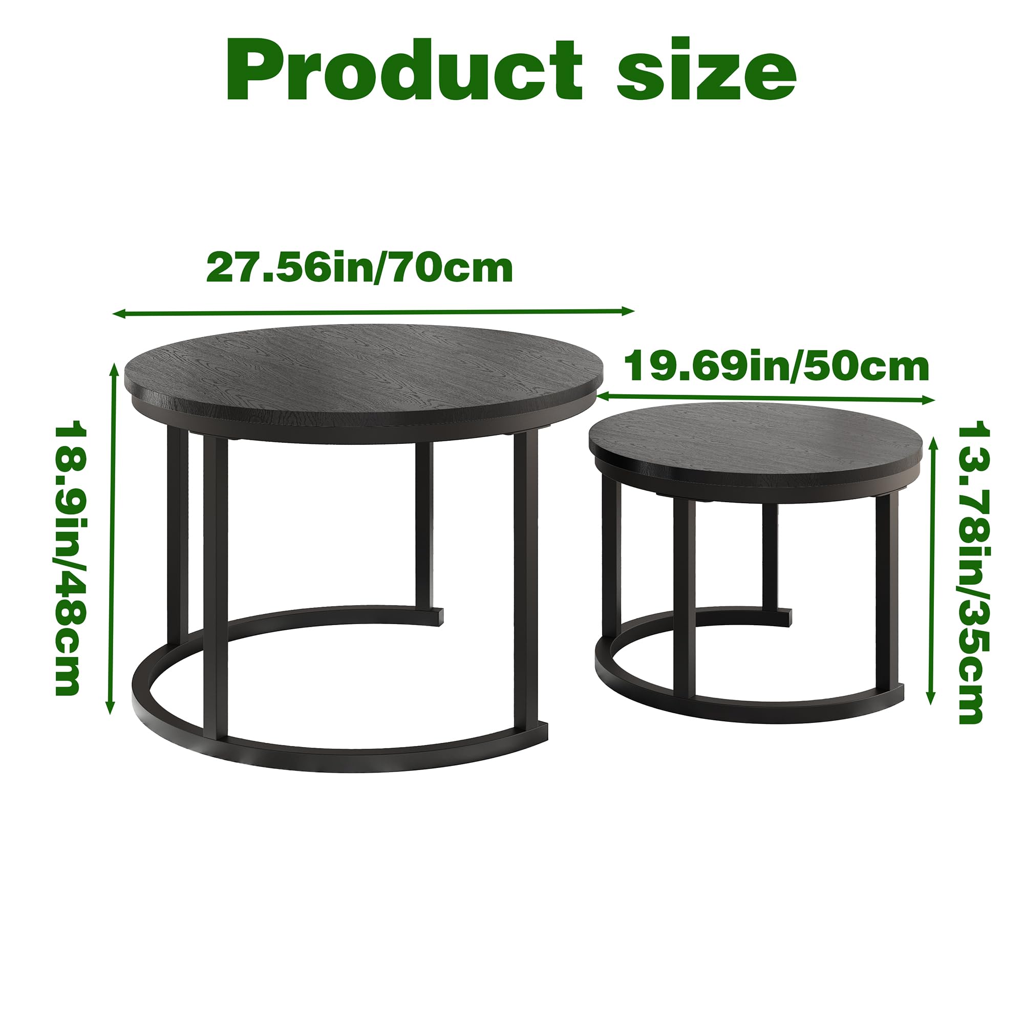 HOMERECOMMEND Tavolino rotondo, set da 2 pezzi, tavolino da salotto in legno, moderno, con struttura in metallo, per soggiorno, balcone, nero