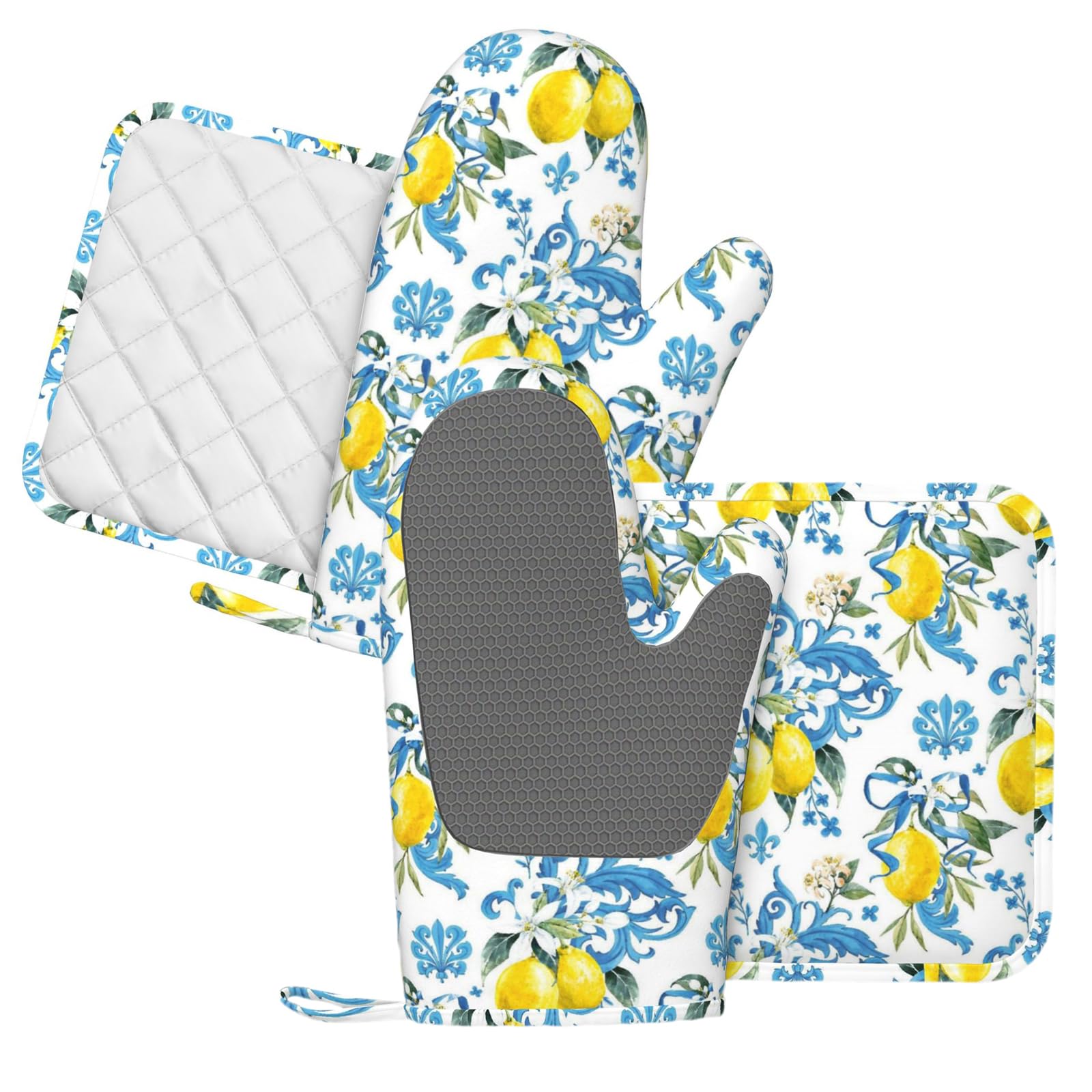 Lot de 4 maniques et maniques drôles citron | Jolies moufles de cuisine en silicone avec imprimé feuilles de fruits jaunes pour cuisiner, griller, barbecue