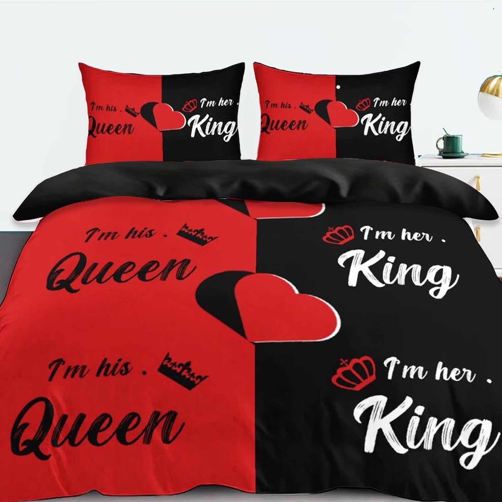 Queen Duvet Cover Set ,Modern Duvet Cover Queen Set,Women King&Queen Black And Red Crown Design Comforter Cover Queen Size,Soft Aesthetic Elegant Bedding Set Queen 90”×90”with 2 Pillowcases 20"x30"